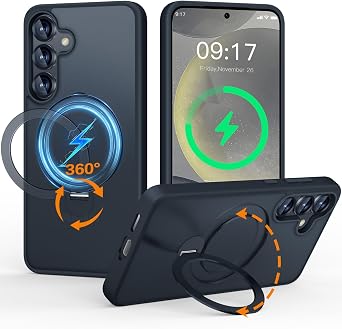 360Spin Magnetic Stand Case for Samsung Galaxy S24/S25, Fit for Mag-Safe, Military Protection, Anti-Scratch Matt Translucent Phone Case for Samsung Galaxy S24/S25, Black