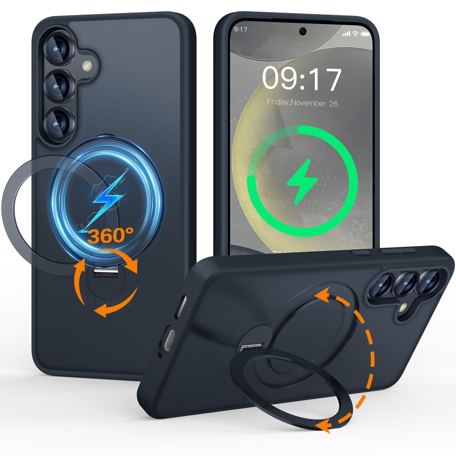 360°Spin Magnetic Stand Case for Samsung Galaxy S24/S25, Fit for Mag-Safe, Military Protection, Anti-Scratch Matt Translucent Phone Case for Samsung Galaxy S24/S25, Black