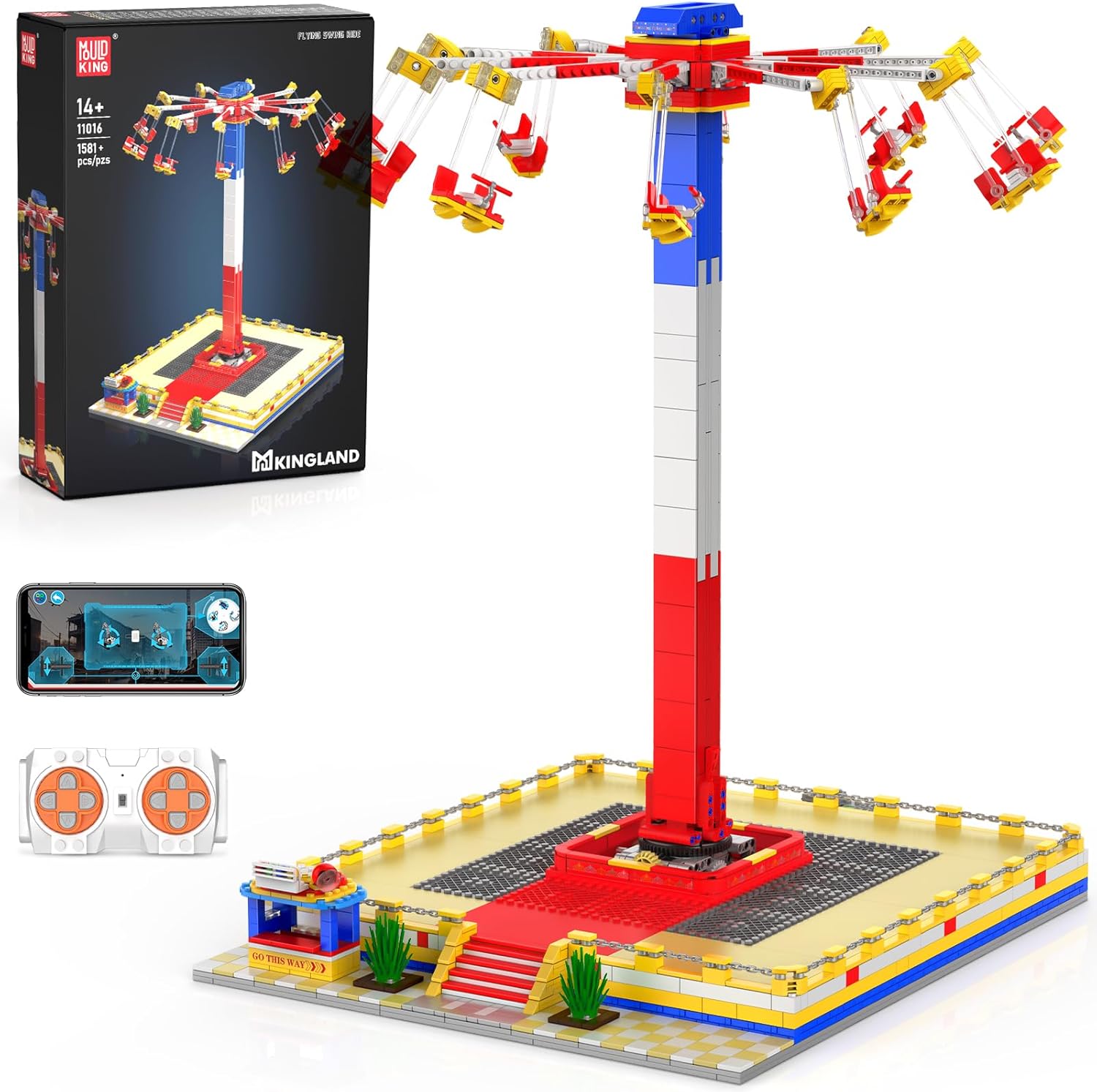 Mould King 11016 Amusement Park Building Sets, 1581+ Pieces Motorized Rotating Swing Ride with Remote & APP Control, Realistic Theme Park Model with Lift, Spin & Swing, STEM Toy Gift for Teen & Adults