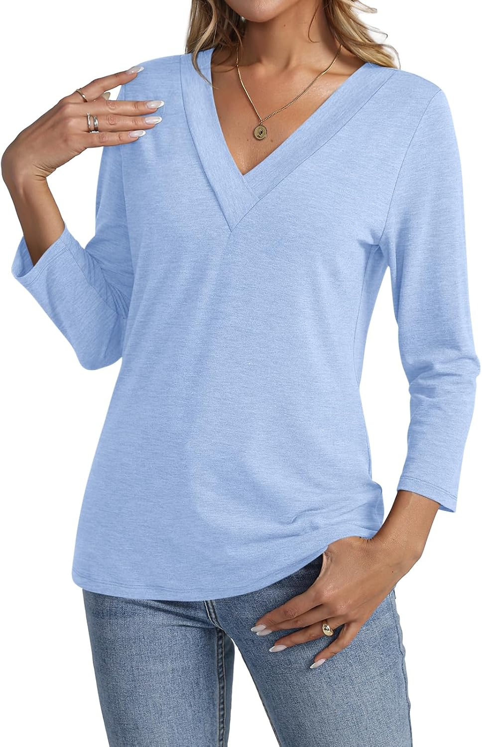 Women's 3/4 Sleeve Shirts V Neck Summer Tops Casual Tunics Tops Basic Tees Blouse Loose Fit - Image 4