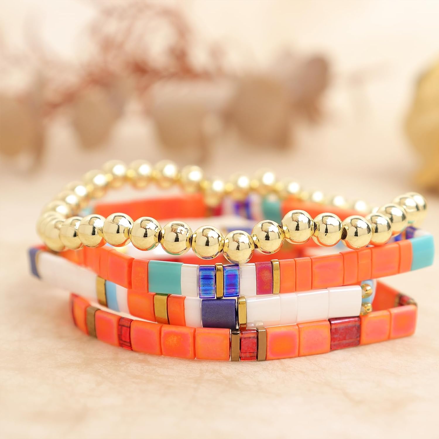 Tila Flat Gold Beaded Bracelets Stretch Set for Women,Handmade Glass Square Beads Stack Bracelet Festive Friendship Accessories Jewelry Gift.