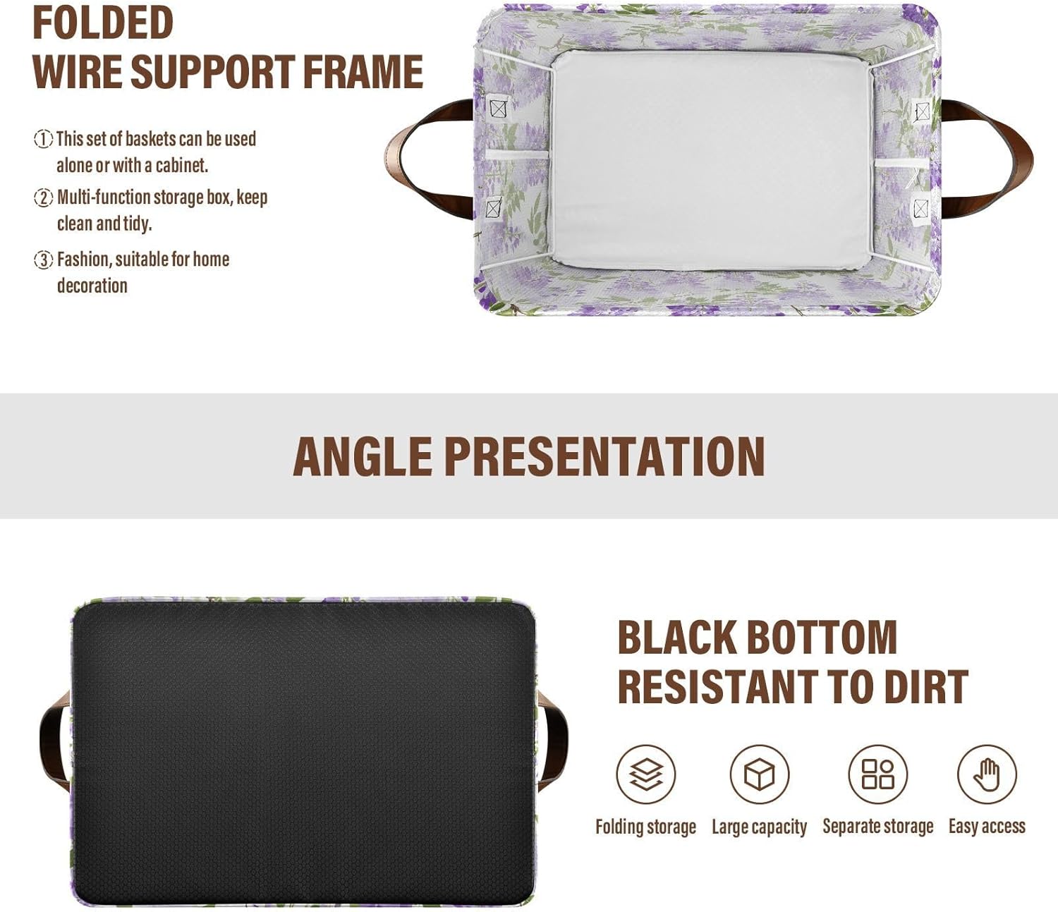 Light Purple Wisteria Flower Storage Basket Foldable Cube Storage Bins with Handles&Labels Waterproof Collapsible Organizer Box Bin Large Rectangle Baskets for Shelves Home Living Room Closet, 2 Pack