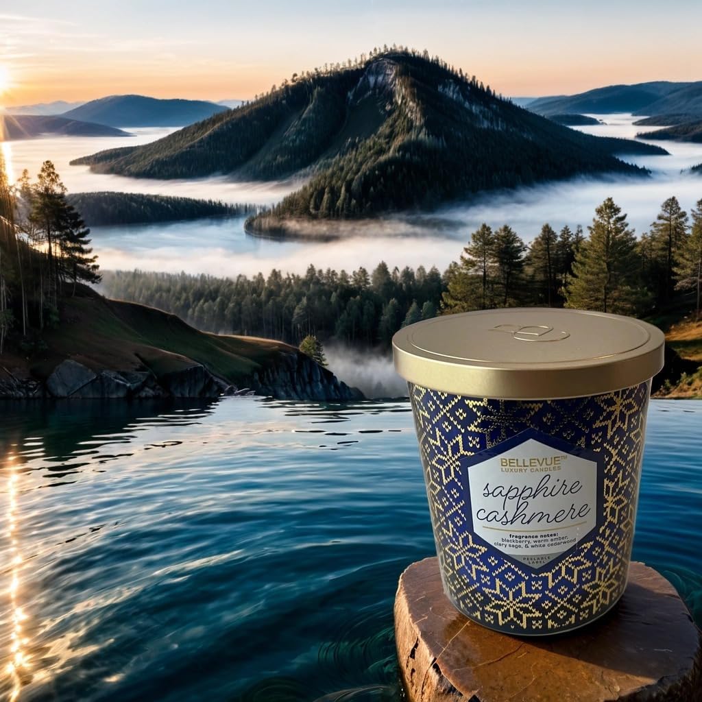 Bellevue Luxury Candles, 12 OZ Fragranced Candle, Soy Blend Wax, Essential Oils, Long-Lasting Burn, Home Fragrances, Aromatherapy Home Scented Candles Scent Sapphire Cashmere Pack of 2