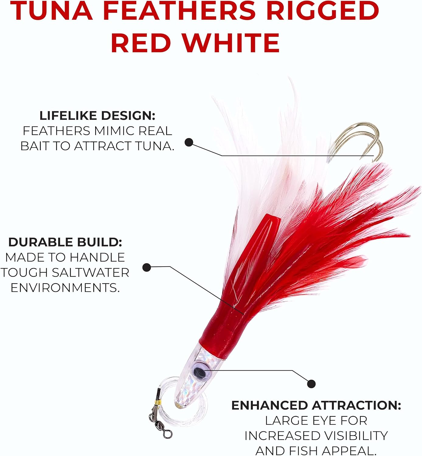 6" Tuna Feather Lures, 6 Pcs Red/White Rigged, Saltwater Trolling Fishing Lures, for Offshore Big Game Fishing, Ideal for Tuna, Mahi, Wahoo & Deep Sea Predators