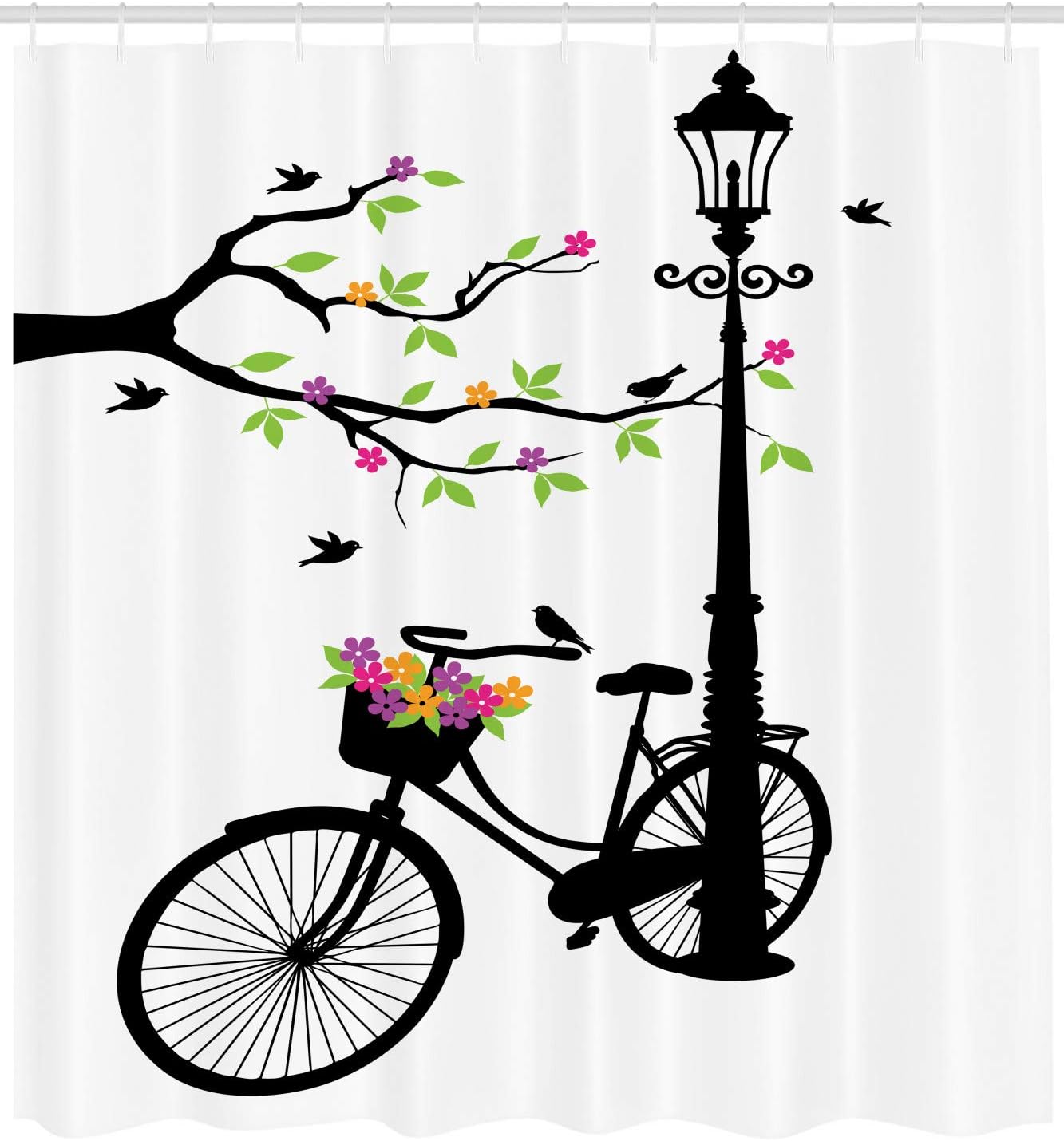 Ambesonne Nature Shower Curtain, Spring Tree Birds Bike Basket with Colorful Flowers Blossom European City Theme, Cloth Fabric Bathroom Decor Set with Hooks, 69" W x 70" L, Black Green White