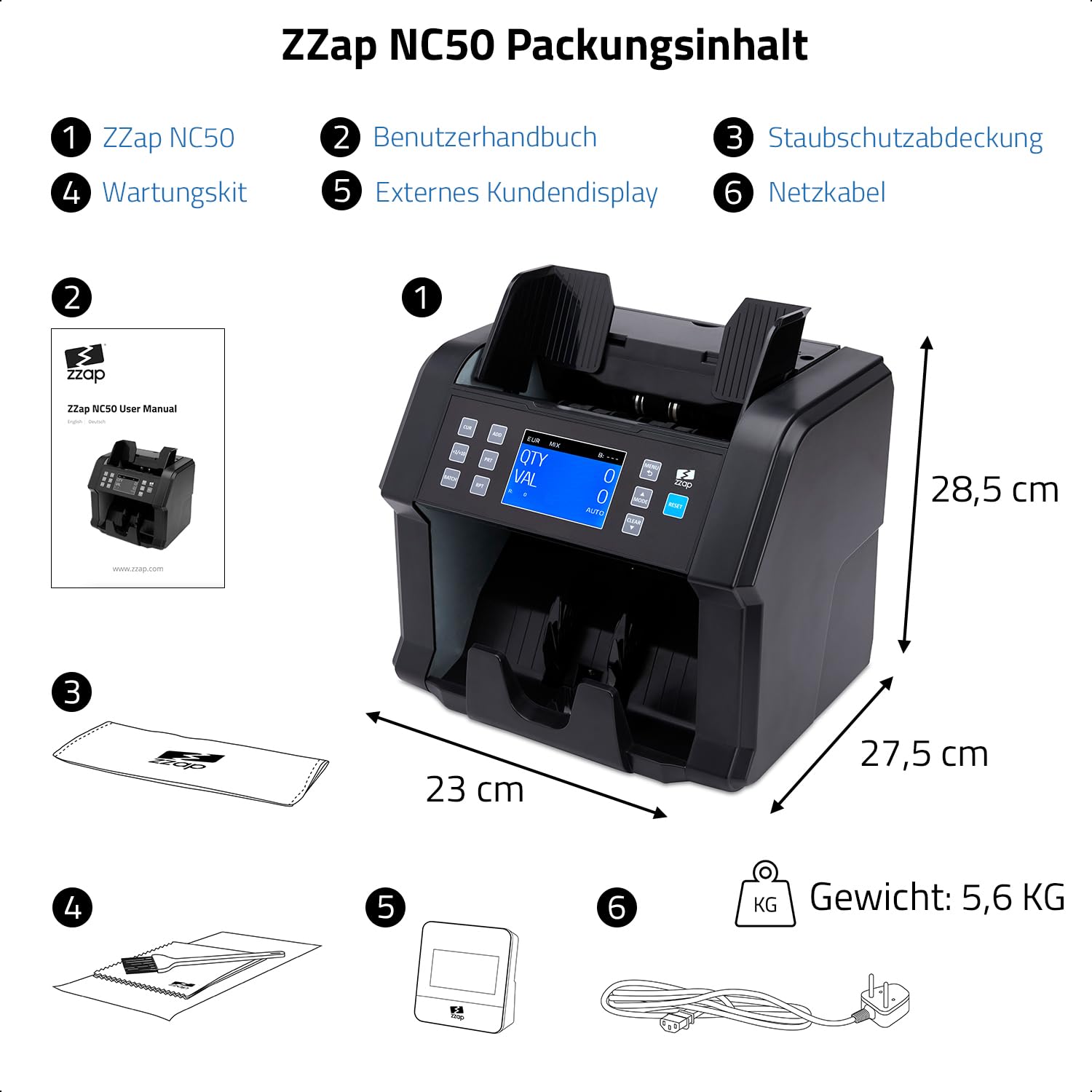 ZZap NC50 Banknotenzähler & Falschgeld-Detektor - Wertzähler für gemischte Stückelungen – Bargeld-Währungsmaschine