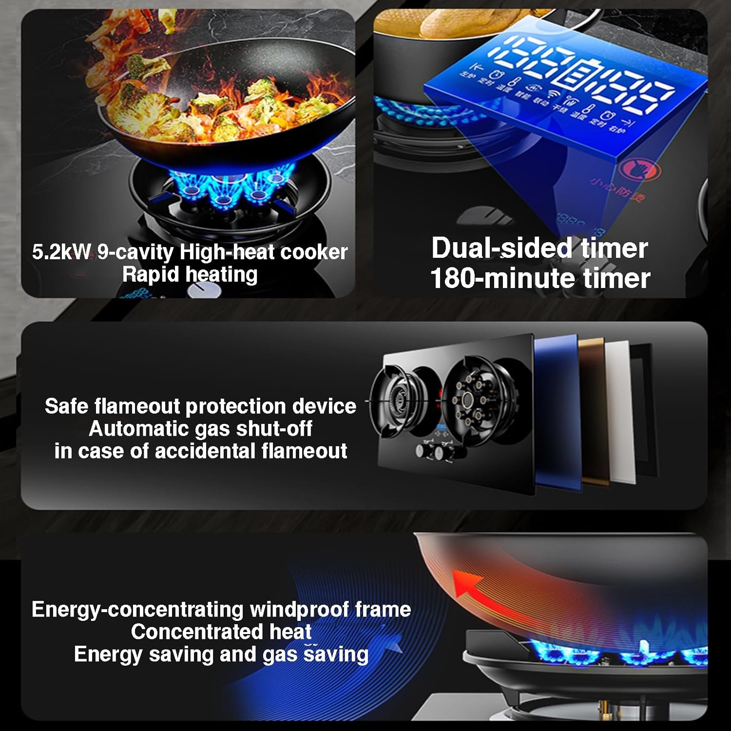 2 Burner Gas Stove,5.2KW 9-cavity High-Efficiency Countertop,Tempered Glass Auto-Ignition,With Flame Failure Protection and Timer,Tabletop/Built-in Dual-Use(LPG)