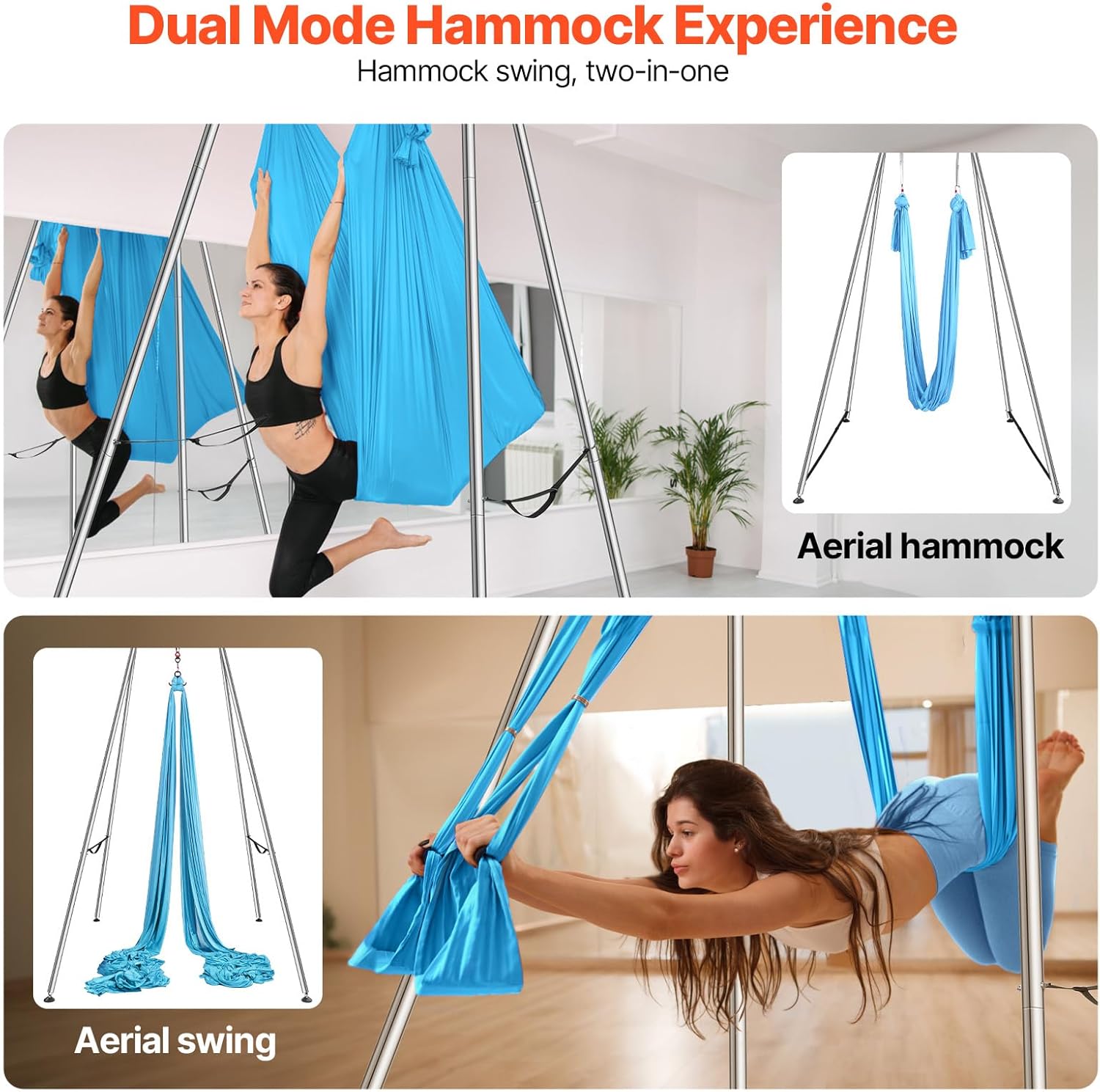 VEVOR Yoga Stand Frame, Max 441-551 lbs Load Swing Stand, Triangular Structure Aerial Rig, Aerial Silk Stands with Yoga Hammock, Standard & Height-Adjustable Version