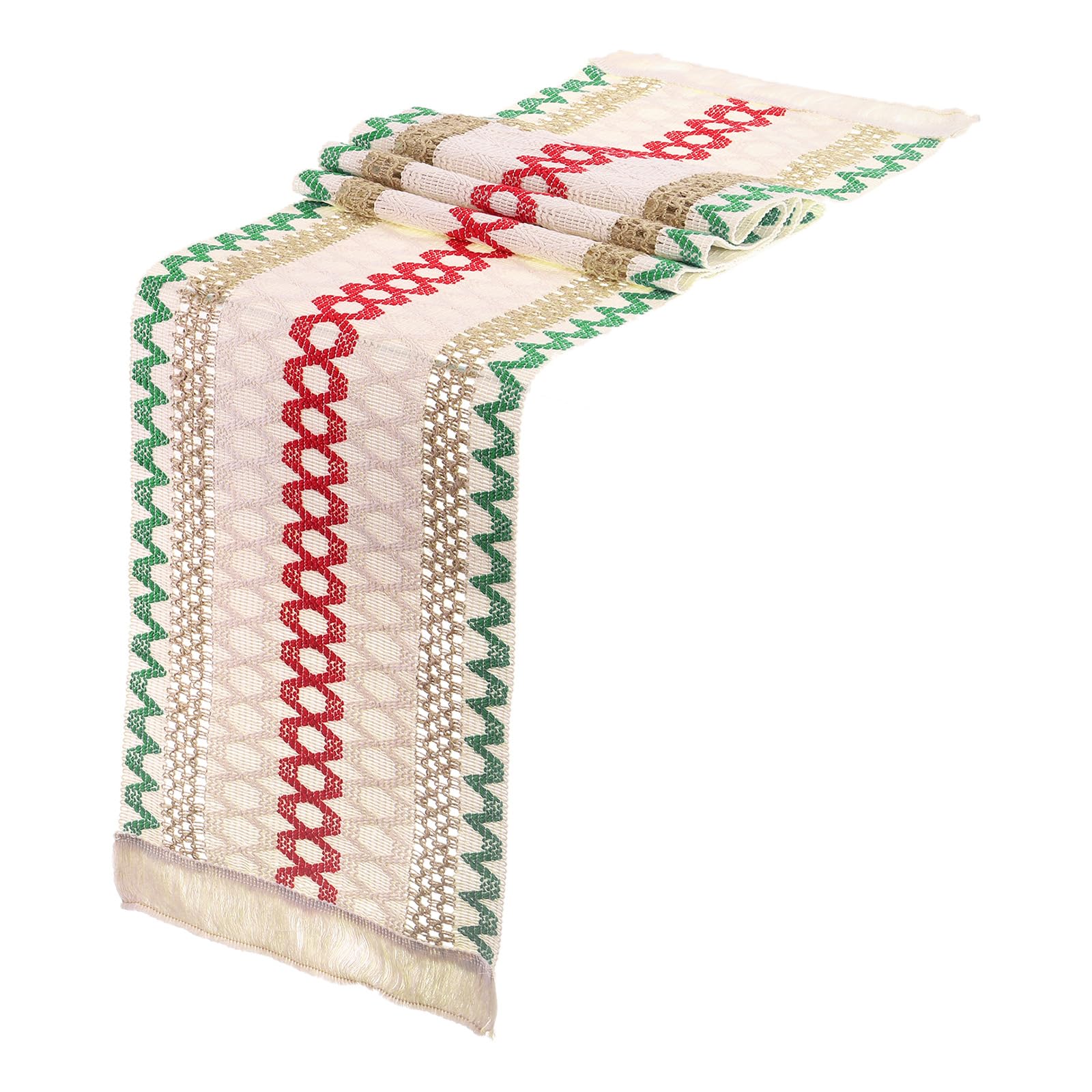 Chemin de table rouge et vert déco de Noël en coton lin tissé avec pampilles 30x180cm