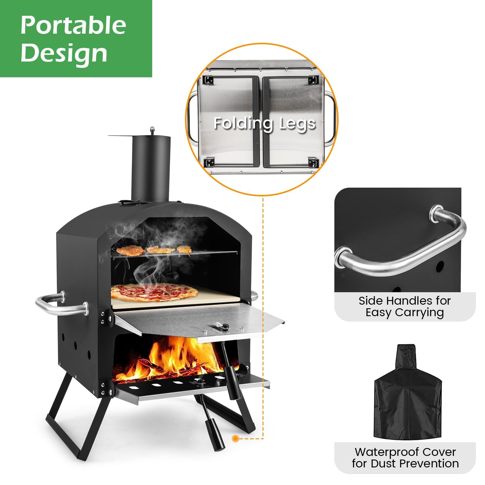 KOMFOTTEU Pizza Offen Outdoor, Pizzaofen 600℃, Tragbarer Holzofen aus Edelstahl, Pizza Backofen 2 Stufen für Garten, Mini oven mit Pizzastein Pizzaschaufel Grillrost wasserdichter Deckel