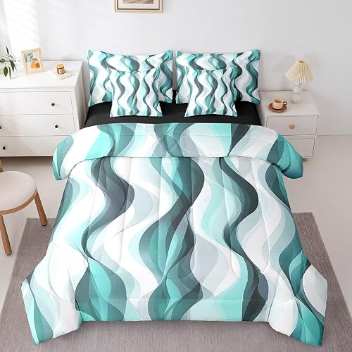 Erosebridal 7Pcs Teal Geometric Lines Queen Comforter Set,Turquoise Striped Bed 