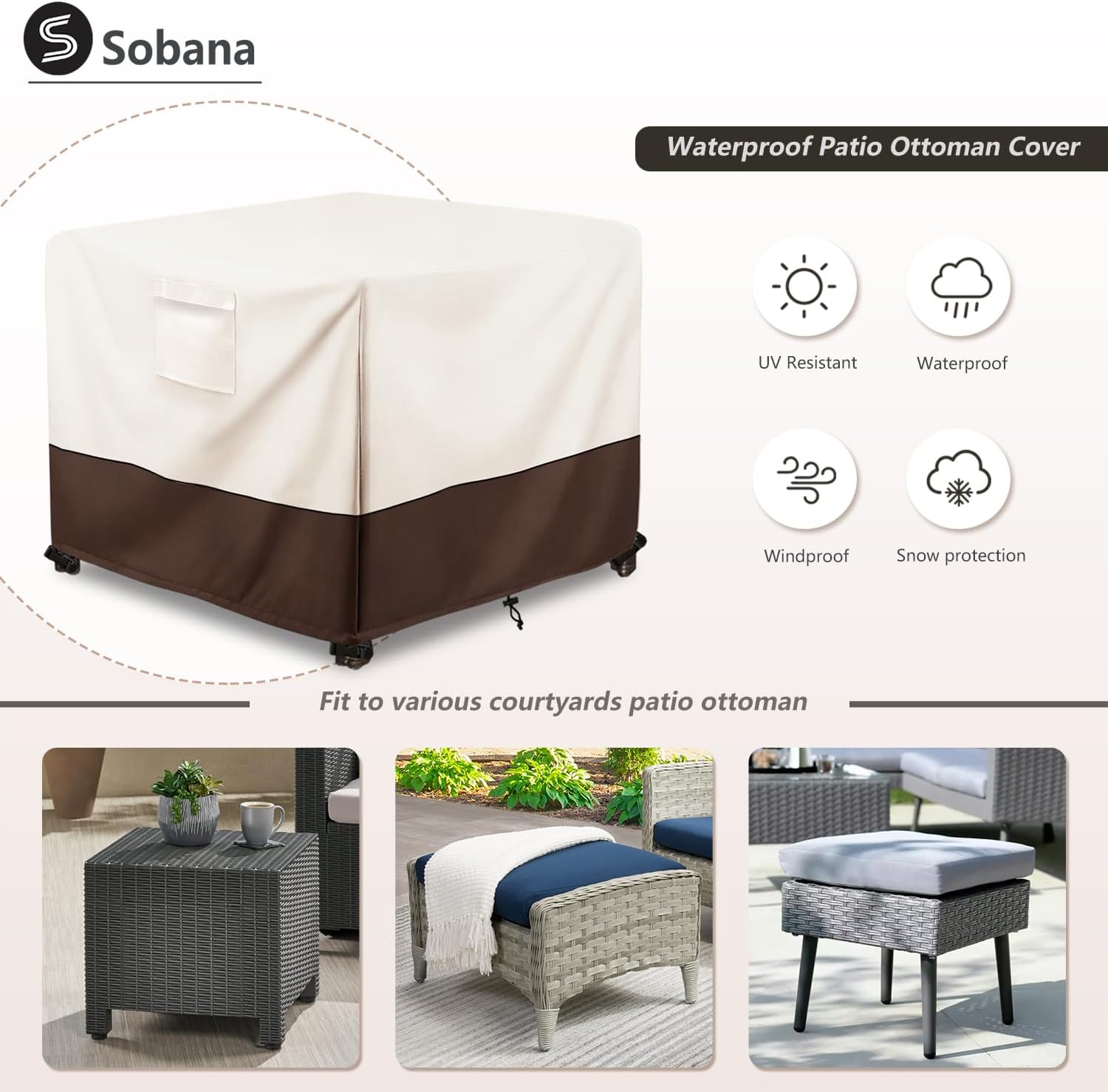 Patio Ottoman Cover Waterproof Patio Wicker Side Table Cover, 25W x 25D x 18H Inches Outdoor Lawn Patio Furniture Covers, Beige