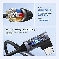 Vista 7 de UGREEN Adaptador de audio USB C a 0.138 in tipo C a conector auxiliar de auriculares Dongle 24bit/96kHz HiFi DAC cable de ángulo recto compatible