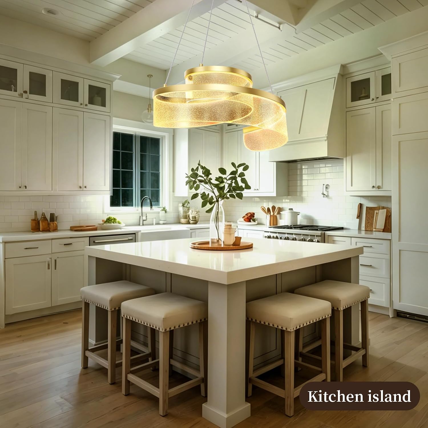 Round Modern LED Chandelier, Wave-Shaped Pendant Light with Gold Frame and Starry Acrylic Shade, Dimmable Ceiling Light Fixture for Dining Room, Kitchen Island, Living Room, Bedroom