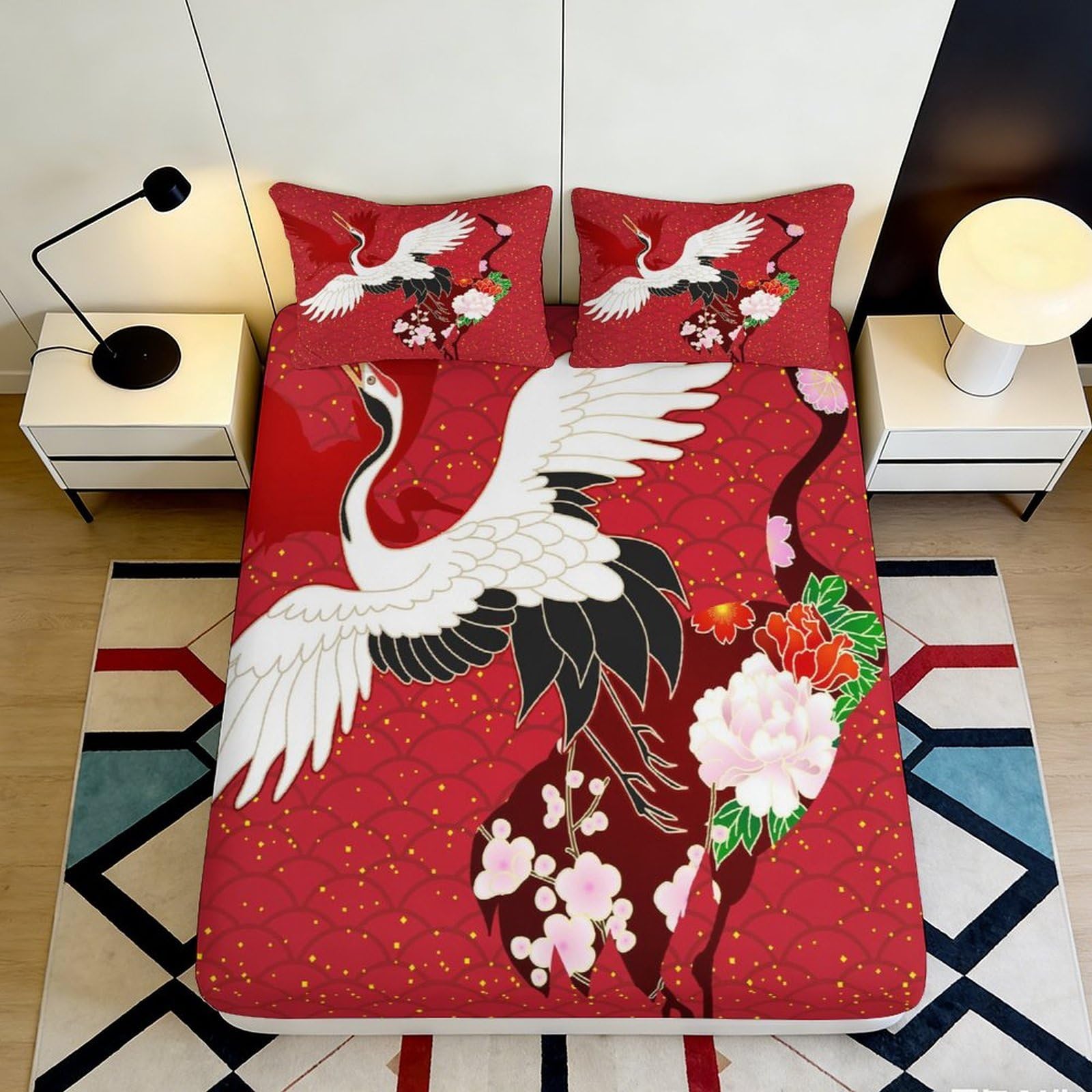 3D Printed Crane and Peony Fitted Sheet Microfiber Red Japanese Art Bed Cover Anti-Slip Machine Washable for Bedroom 140x200x25cm
