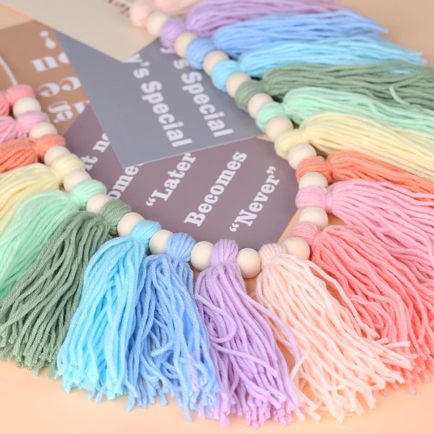 Pastel Rainbow Tassel Garland - Boho Tassel Garland with Wood Beads - Wall Decor for Dorm, Girls Room and Nursery Room for Home Party Baby Shower Supplies (Soft Colors) (C) image 4