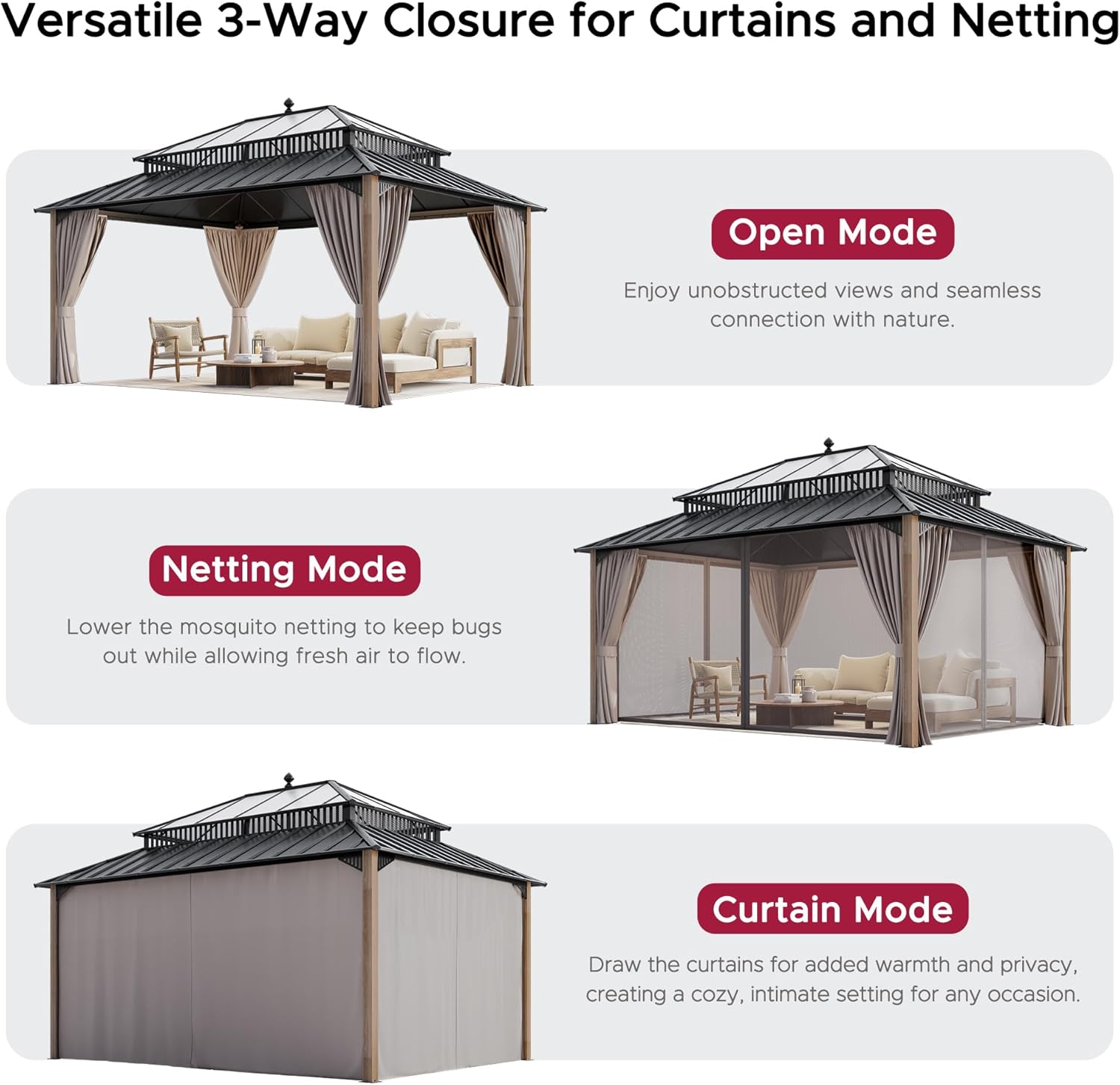 SUNJOY Kingston 16' x 12' Hardtop Wood Gazebo with Galvanized Steel/Polycarbonate Double Roof, Curtain and Netting, Cedar Posts Permanent Pavilion Gazebo for Garden, Patio, Deck, Lawn