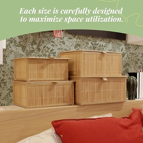 Miniatura 2 de Cesta de mimbre con tapa, caja de almacenamiento de bambú para estantes, cajas de almacenamiento de bambú con tapas, cesta decorativa rectangular