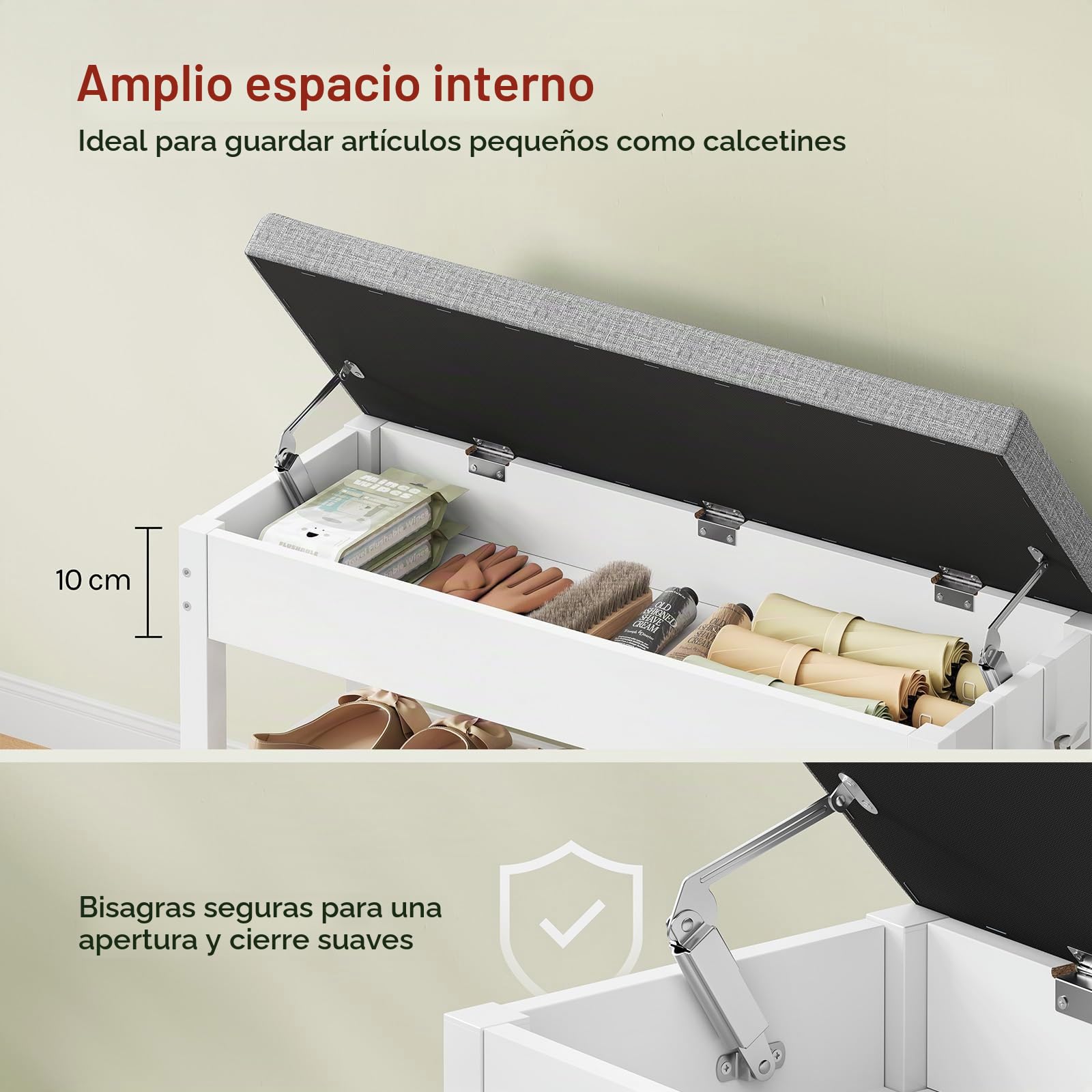 WOLTU Zapatero con Asiento Acolchado, Banco Zapatero de 2 Niveles, 1 Zona Oculto y 2 Ganchos, Organizador para Zapatos, Estructura Metálica, para Entrada o Pasillo, 80x30x50 cm, Blanco+Gris Claro