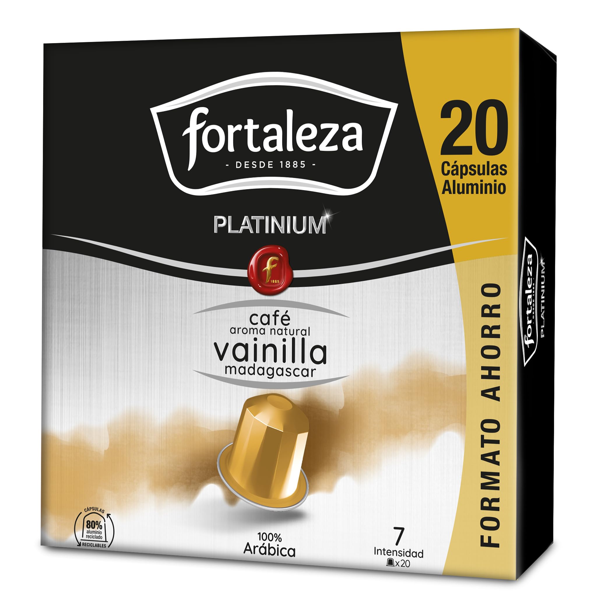 Café Fortaleza Platinium - Cápsulas Compatibles con Nespresso, de Aluminio, Café con Aroma Vainilla Madagascar, 100% Arábica, Tueste Natural, Pack 8x20 - Total 160 uds