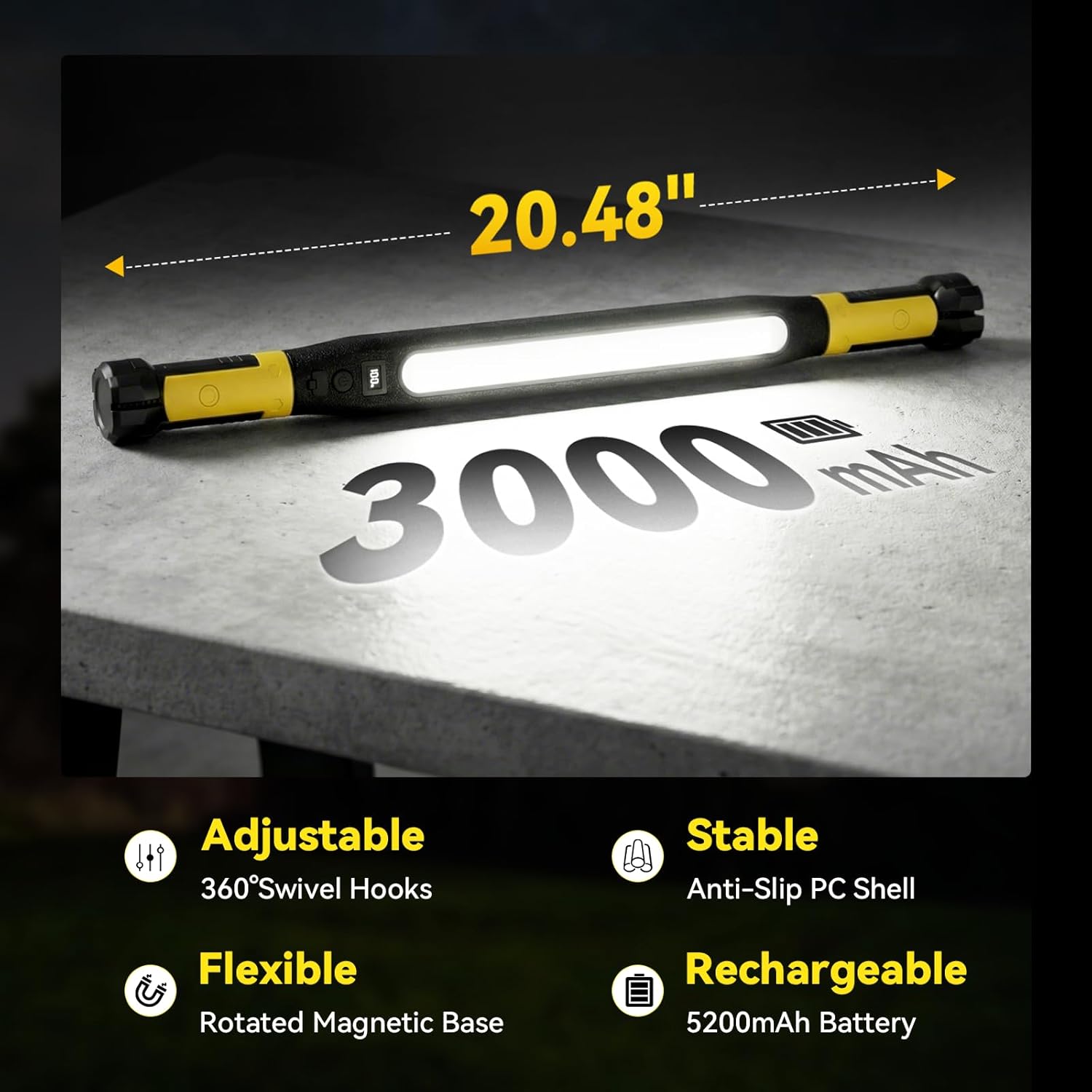 AlpsWolf Magnetic Rechargeable Work Light - 3000LM LED Light Bar, 5200mAh Underhood Light with 360°Rotatable Hook and Clip, 3 Brightness Modes for Car Repair, Workshop, Emergency (1PC)