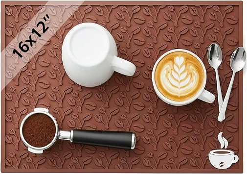 Coffee Bar Mat, 16" x 12" Heavy Duty Non-Slip Rubber Mat for Countertop, CoffeeBean 3D Pattern Design, Waterproof Easy Clean Station for Home Barista & Coffee Bar Accessories