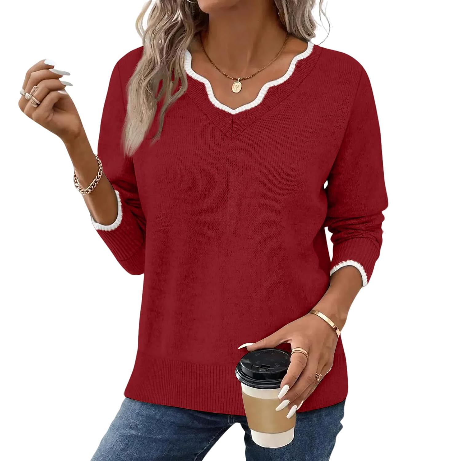 Women Sweaters Fall V Neck Lightweight Sweaters Long Sleeve Ribbed Knit Tops Fashion Pullover Loose Fit Outfits Casual