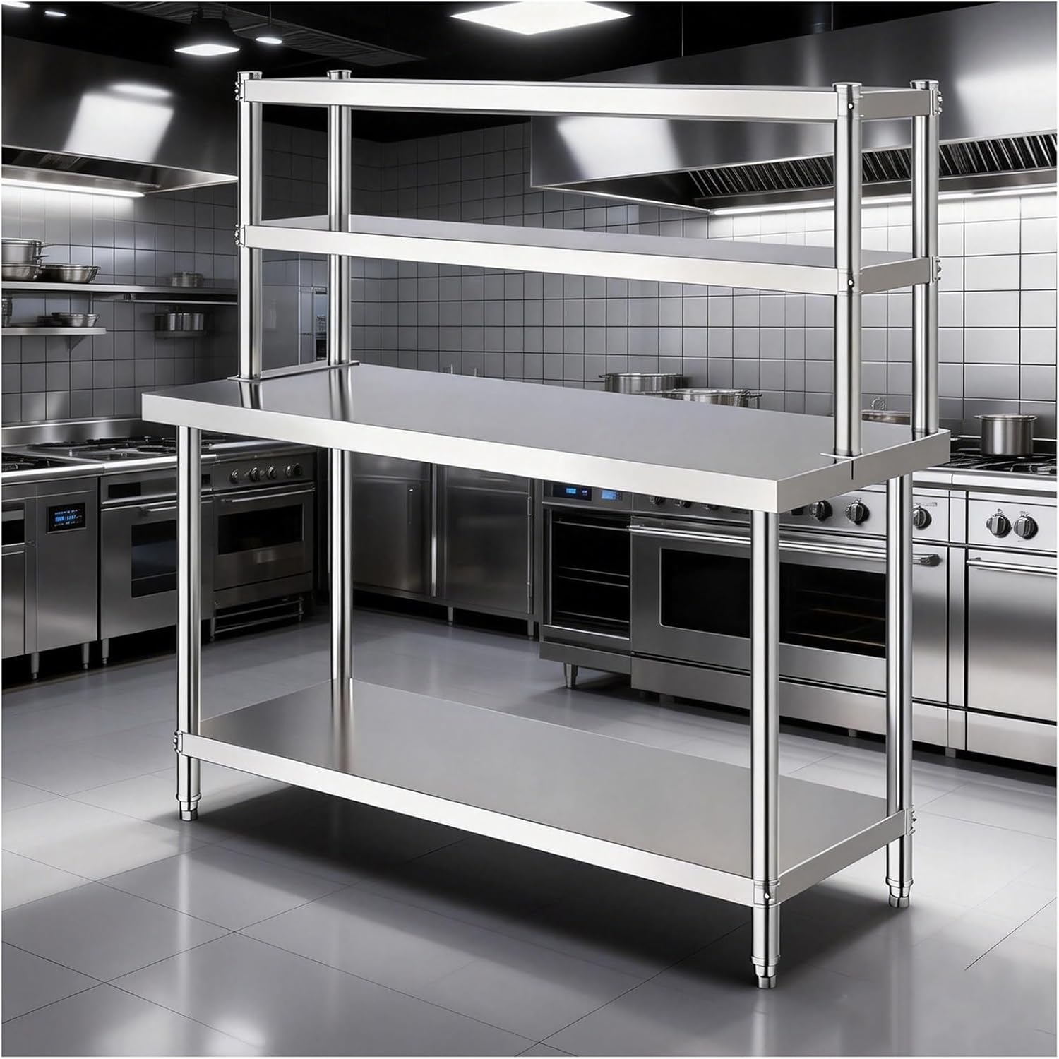 Double-Layer Stainless Steel Workbench Worktable Featuring Dual Countertops Kitchen Workstation with Open Shelving Metal Cutting Board Preparation Table Easy Installation(70x60x80cm+70x25x60cm)