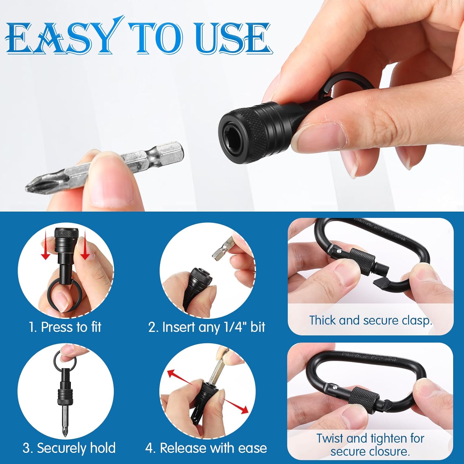 Threlaco 36 Pcs Upgraded Bit Holder Keychain, 1/4 Inch Socket Hex Shank Bit Holders Aluminum Alloy Quick Release Screwdriver Extension Tool for Impact Driver Drills Nut Gifts for Men (Black)