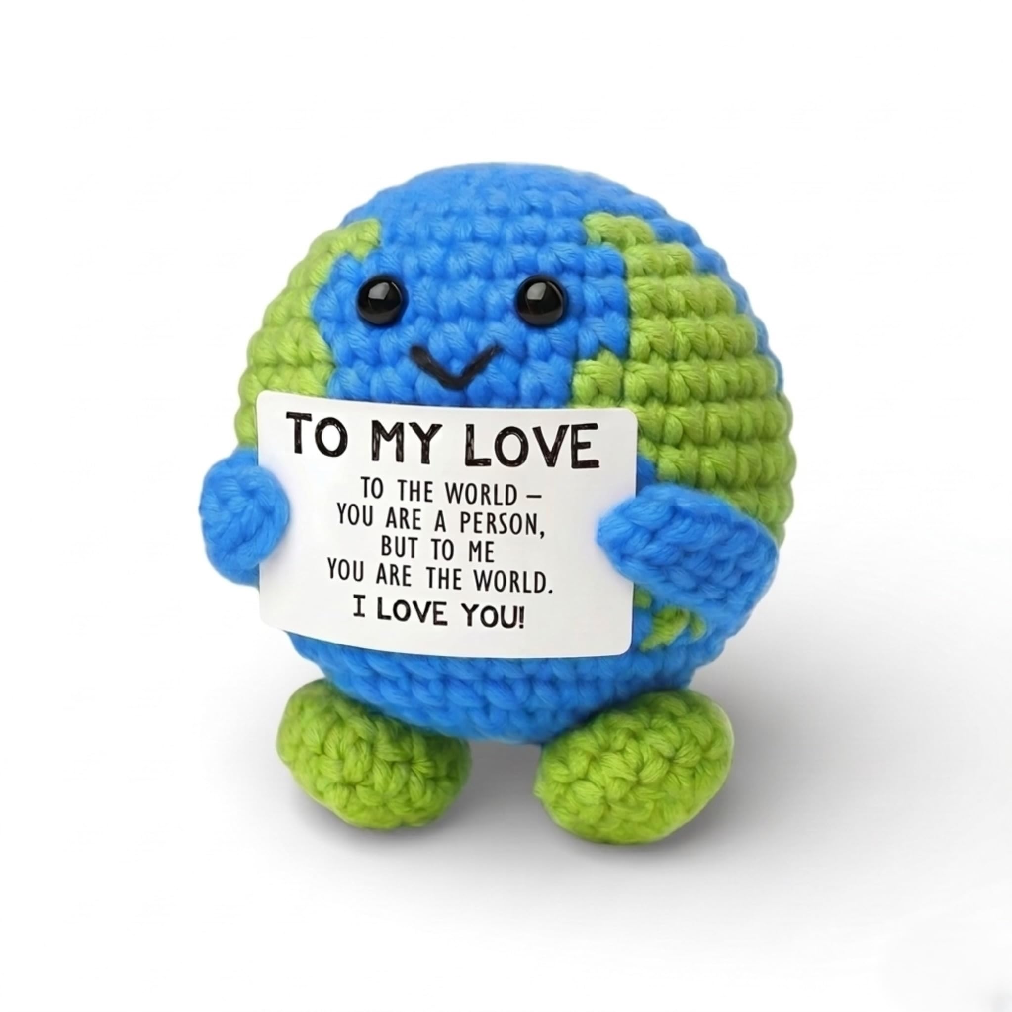 Mior Care Positive Earth Crochet Doll with Card - You Are My World Emotional Support Gift, Thinking of You for Boyfriend Girlfriend, Handmade Knitted Plush, Cute Office Desk Decor
