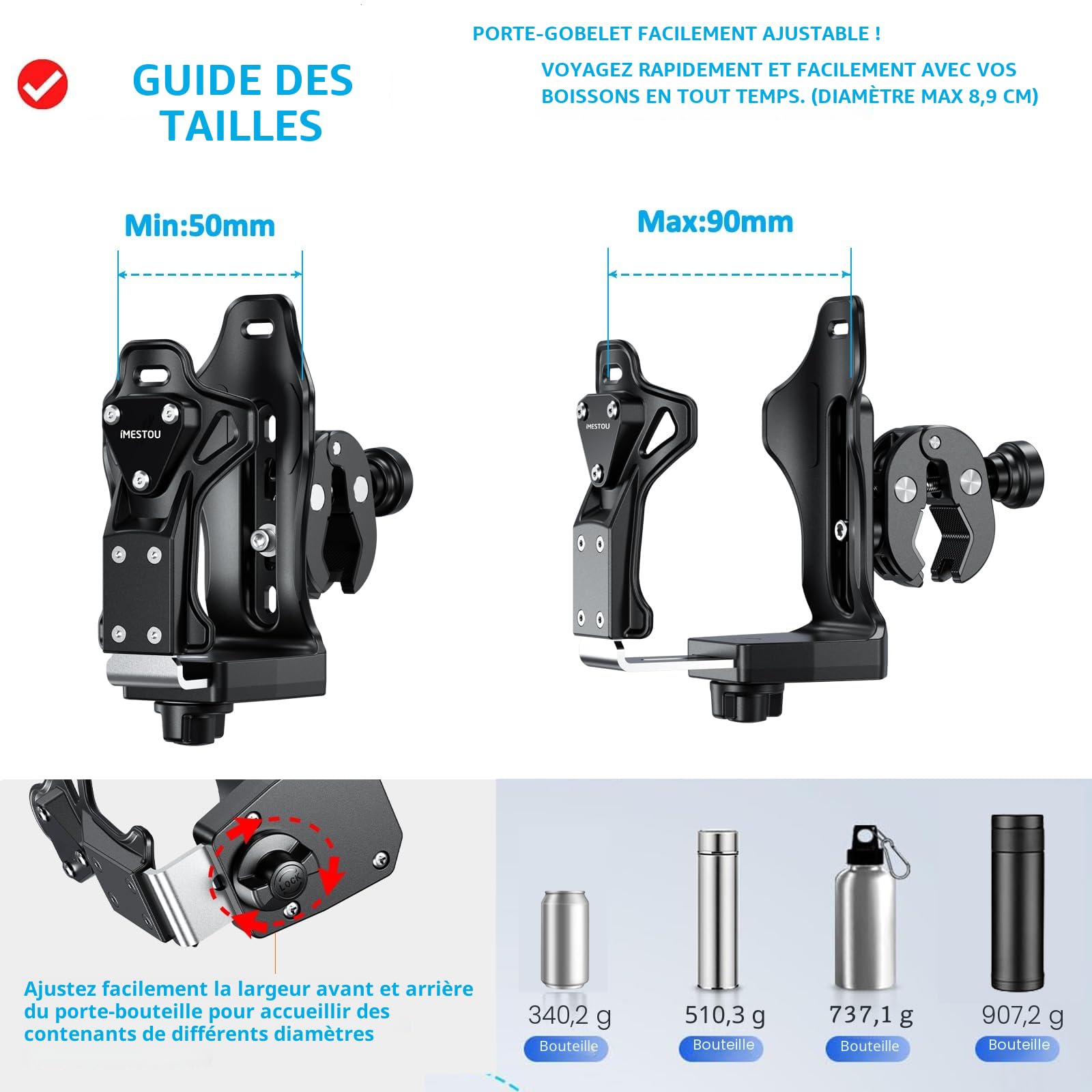 iMESTOU Porte-gobelet Antivol pour Moto, Porte-Bouteille d'eau pour ATV Compatible avec Les Bouteilles de 50 à 90 mm de Diamètre, avec Pince Métallique 12,7-33 mm pour Vélo, Scooter, Poussette...
