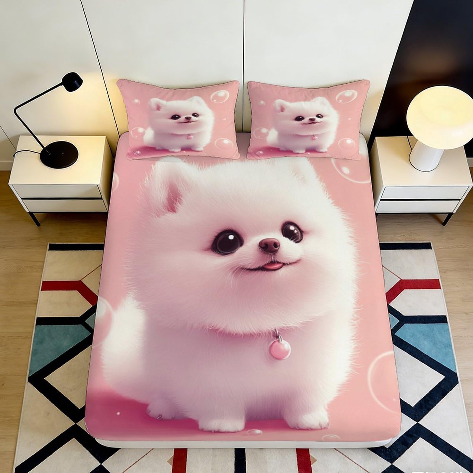 3D Printed Pomeranian Cute Fitted Sheet Microfiber Non-Slip Deep Pocket Pet Mattress Fitted Cover Elastic Washable Bedroom 180x200x25cm