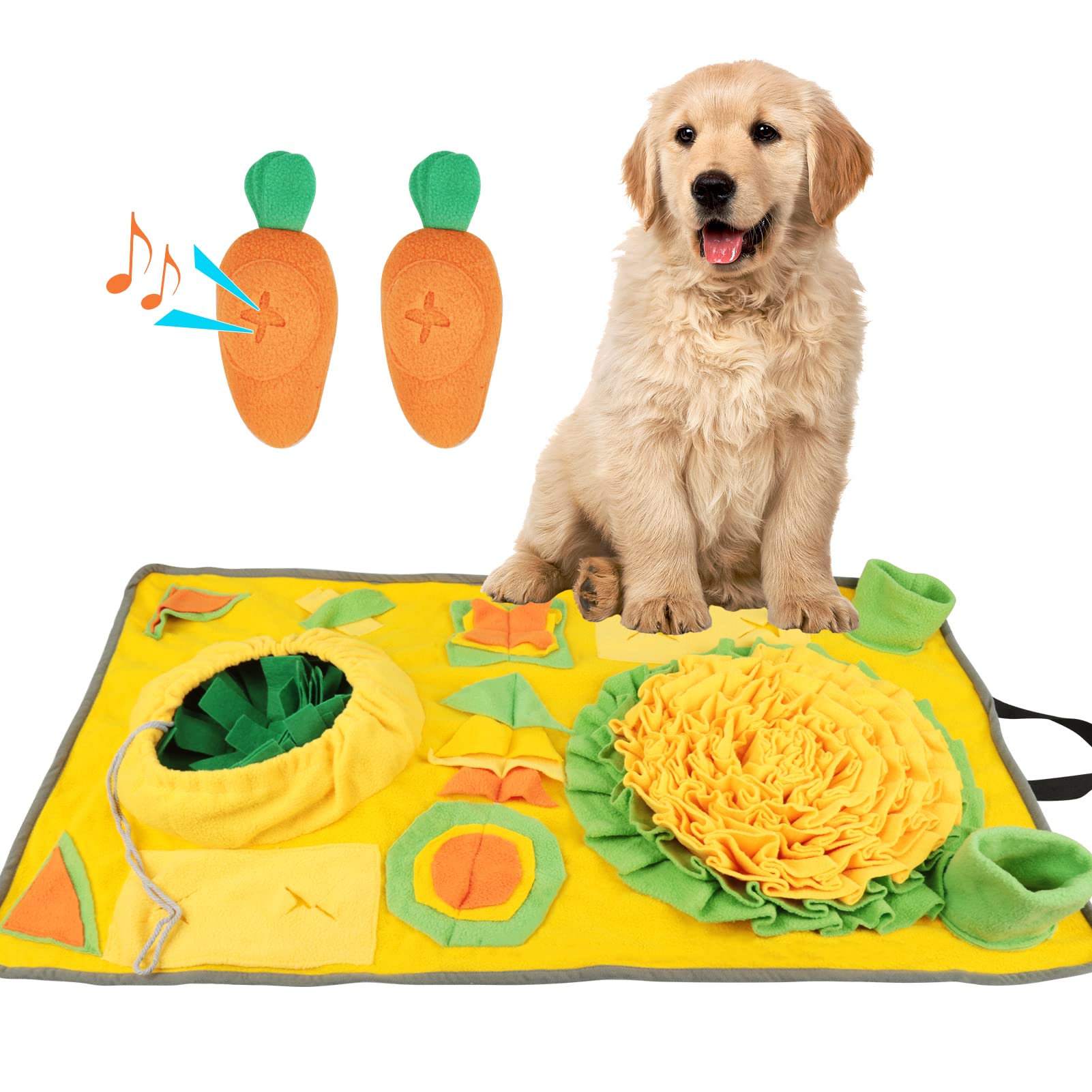LINYY Dog Snuffle Mat, Pets Puzzle Toy Large Sniffing Mat with Squeaky Carrot Foraging Interactive Feed Game for Skills & Stress Relief, Slow Feeder Encourages Natural Skills, yellow,orange,green