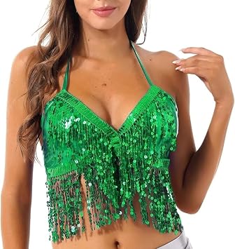 Fringe Tassel Halter Top, Womens Belly Dance Bra Multicolor Sequins Tassel Halter Neck Back Tie Up
