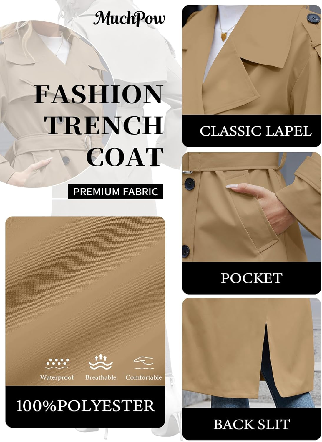 Muchpow Women's Long Trench Coat Double Breasted Lapel Oversized Windproof Overcoat with Belt - Image 2