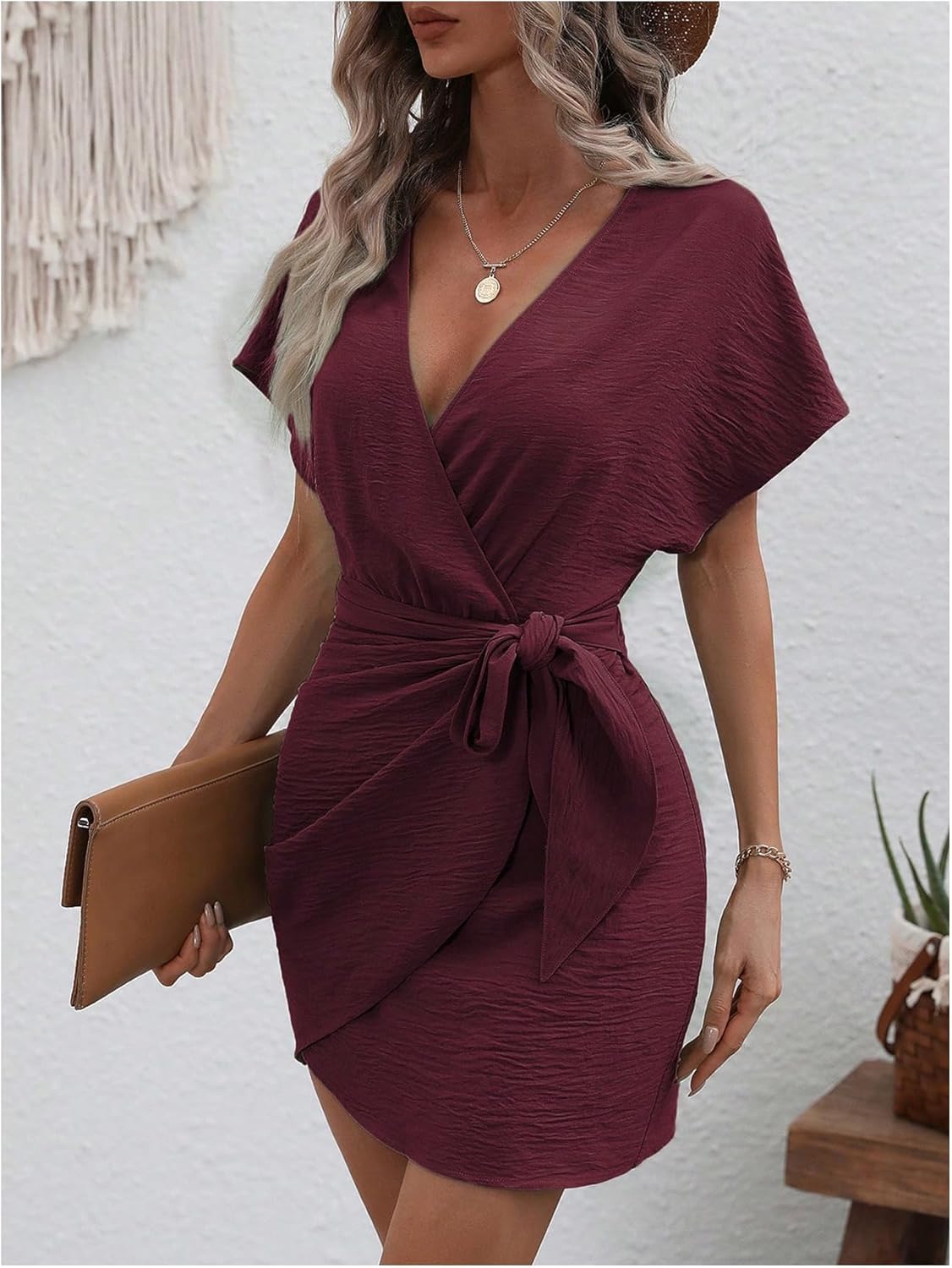 Floerns Women's Fall Fashion Cocktail Wrap Deep V Neck Dress Tie Side Dolman Sleeve Summer Short Dresses - Image 2