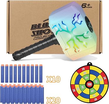 Coophit Thors Dart-Blasting Hammer Toys Gun with Lights -Toys for 5 6 7 8 9+ Year Old Boys,Kids Roleplay Toy Thunder Mjolnir with 30 Darts