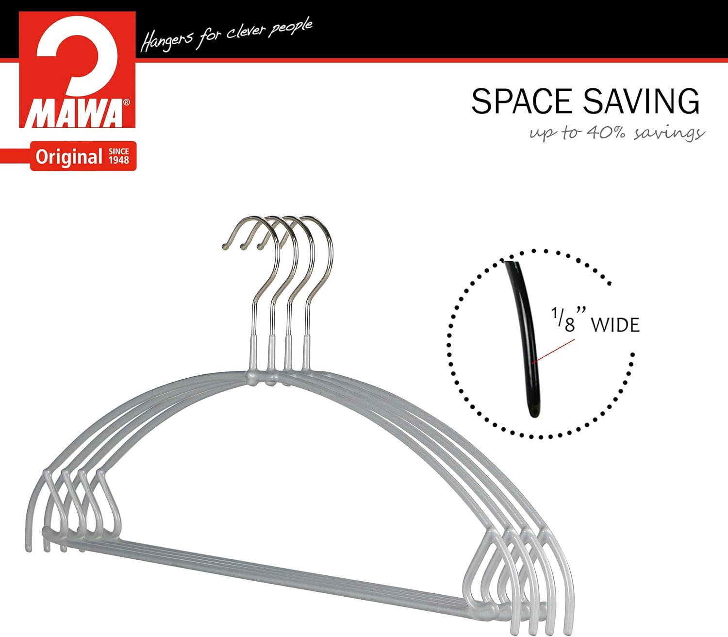 Mawa by Reston Lloyd Euro Ultra Light/Thin Series, Non-Slip Space Saving Clothes Hanger with Bar & Hook for Pants and Skirts, Style 42/PTU, Set of 130, Silver
