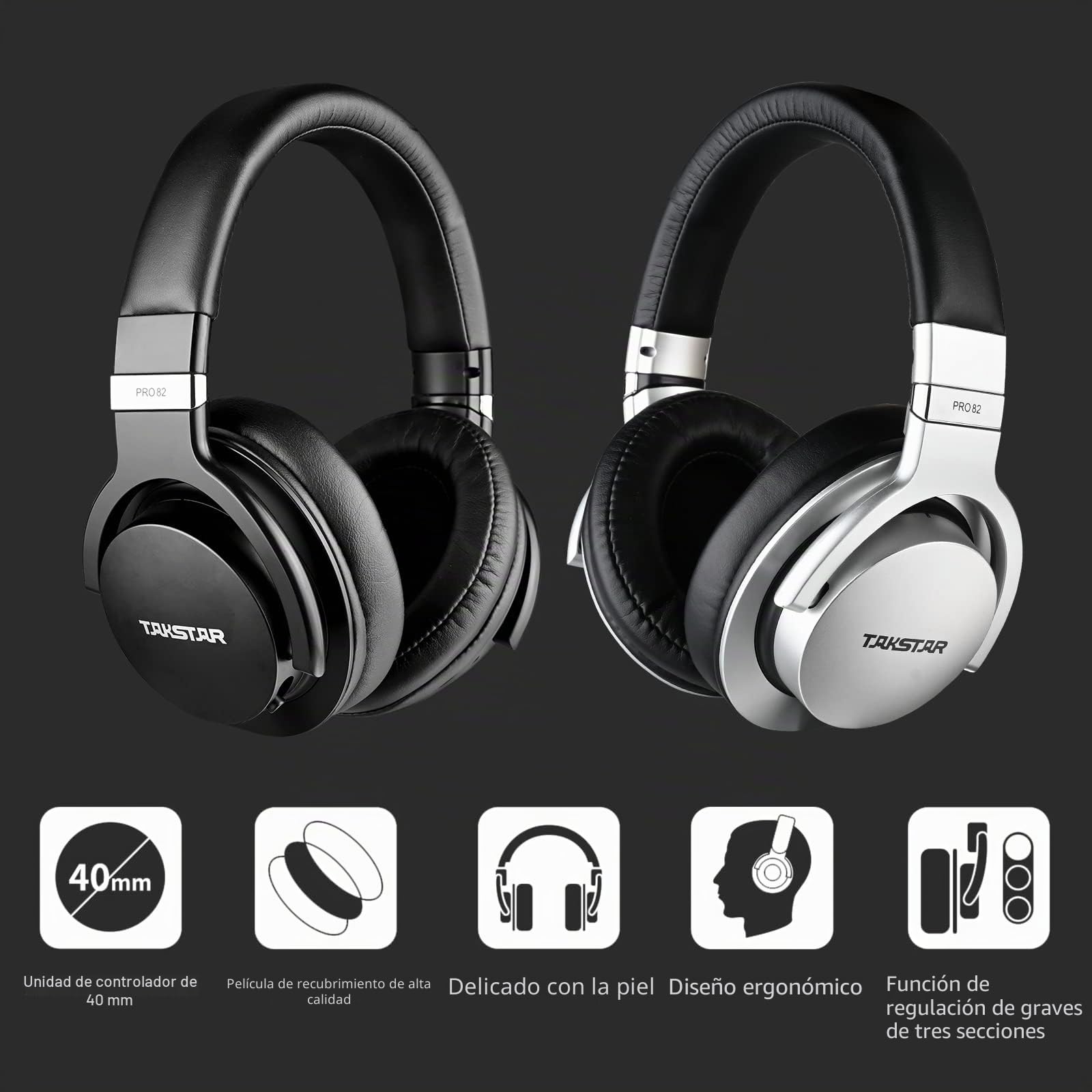 Takstar Pro82 - Auriculares de monitor de estudio con cable, 3 niveles de ajuste de graves, estéreo de alta fidelidad, cancelación de ruido dinámica, respuesta de frecuencia de 10 Hz-20 kHz para