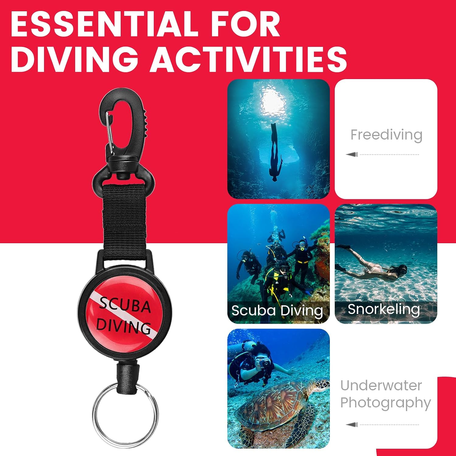 Scuba Diving Retractor, Dive Gear Holder with 60cm/24'' Retractable Tether | Quick Release Retractor with Swivel Spring Clip, Split Ring for Diving Gauge, Flashlight, Camera, Compass, Whistle, Slate