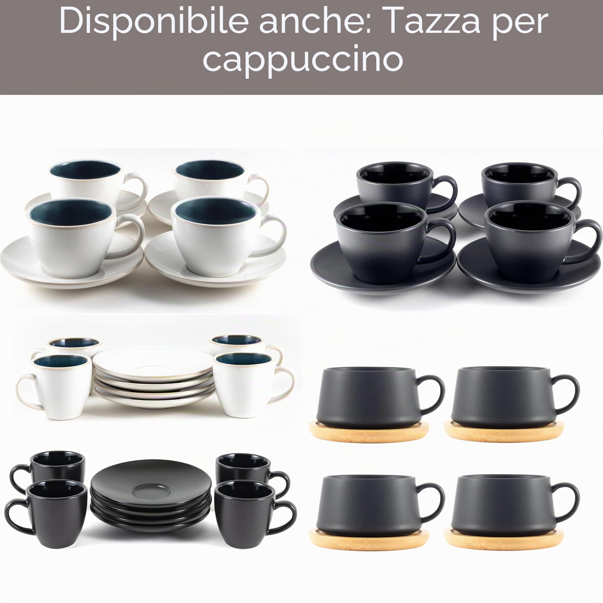 Hanseküche 4 tazze da cappuccino in gres (4x 180 ml) – tazze da caffè con pareti spesse e con piattini, lavabili in lavastoviglie (Nero)
