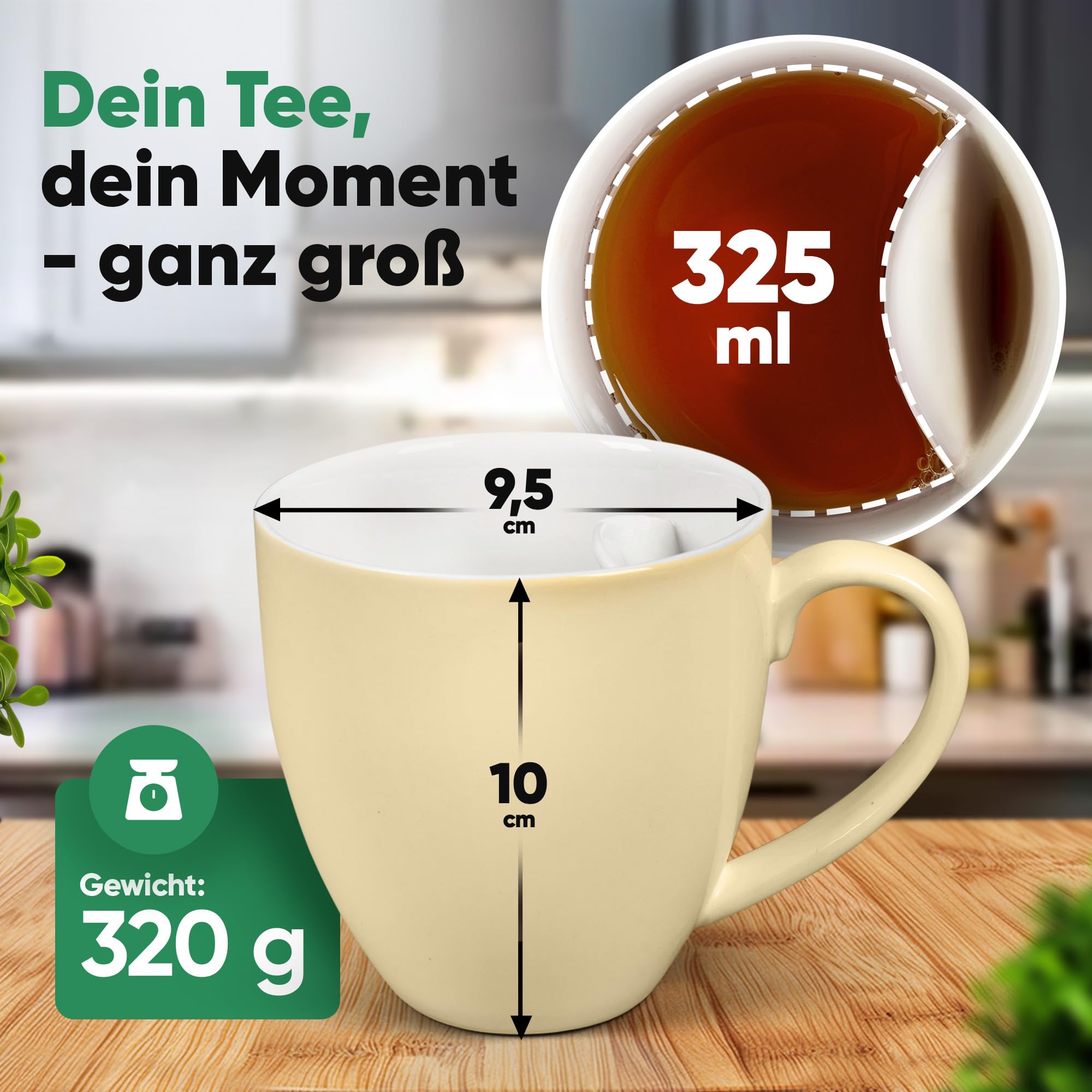 Neighbour's Friend Patentierte Teetasse beige mit Beutelablage I Keramik Tasse groß 325ml I Teebecher Steingut I Keramiktasse für Tee I Spülmaschinengeeignet Teetassen I Modernes Design für Teetrinker