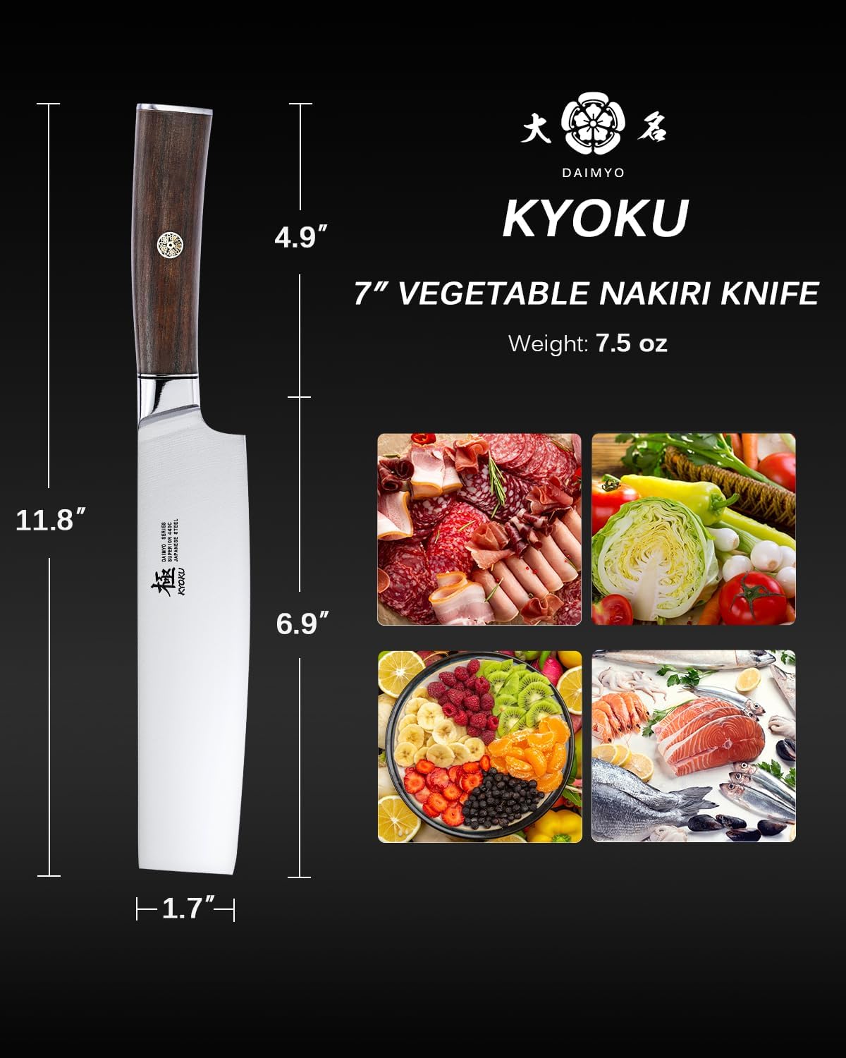 KYOKU 7 Inch Nakiri Knife - Daimyo Series - Vegetable Cleaver with Ergonomic Rosewood Handle, & Mosaic Pin - Japanese 440C Stainless Steel Kitchen Knife with Sheath & Case