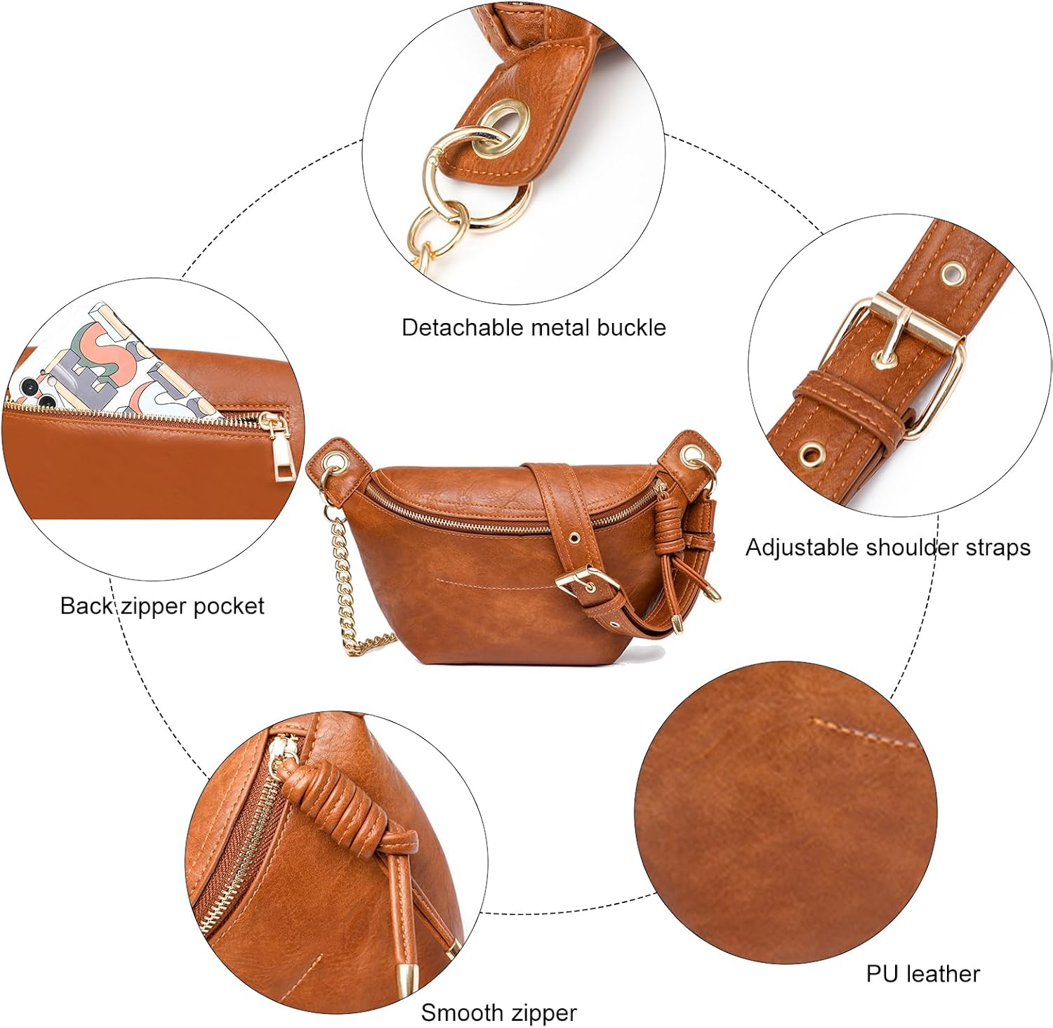PU Leather Fanny Pack Crossbody Sling Bag for Women - Trendy Belt Bag with Adjustable Strap, Lightweight for Travel Daily Use (Brown) - Image 5