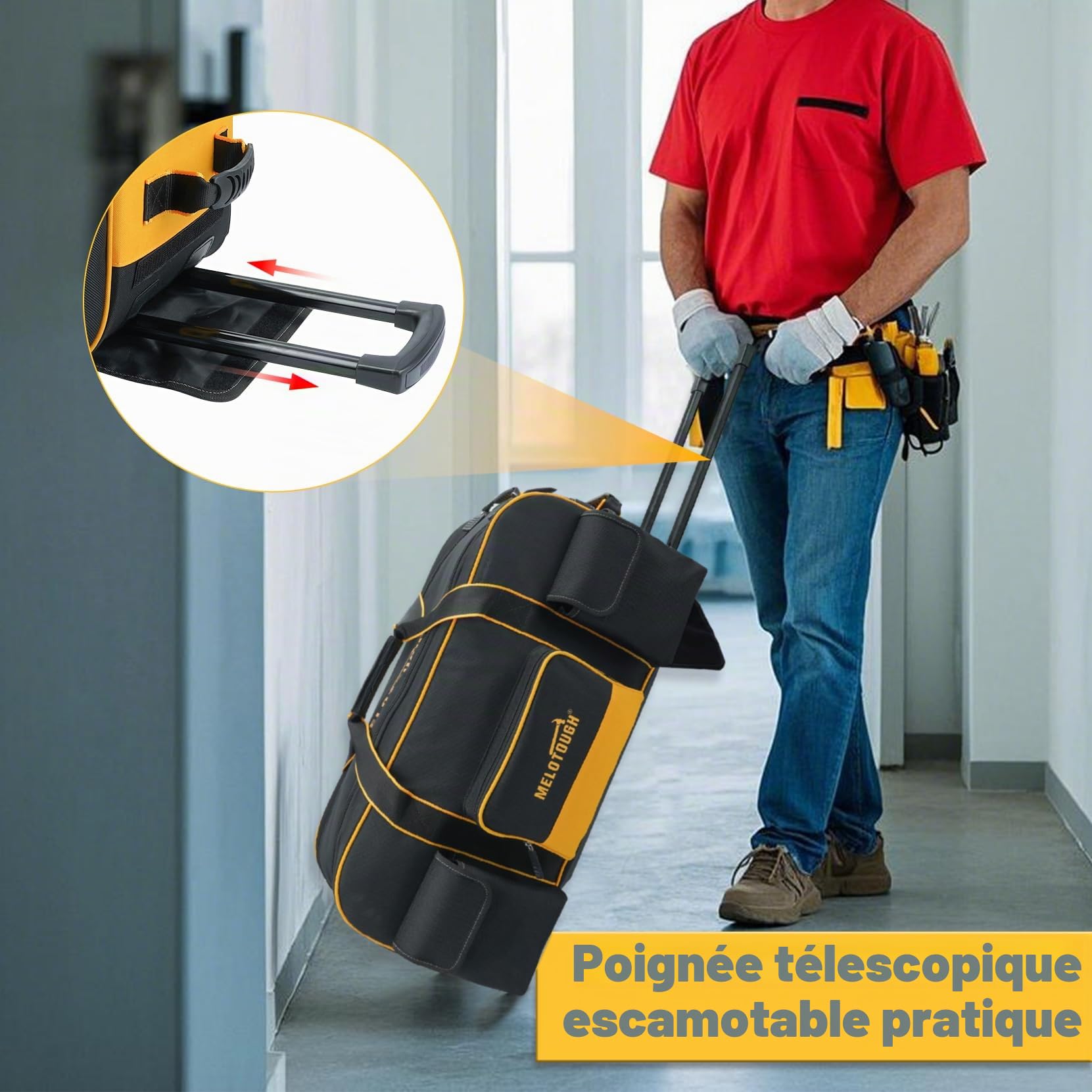 MELOTOUGH Sac à outils roulant avec roulettes, sac à outils de grande capacité avec poignée télescopique dissimulée pour électricien, construction, CVC, technicien (jaune/noir)