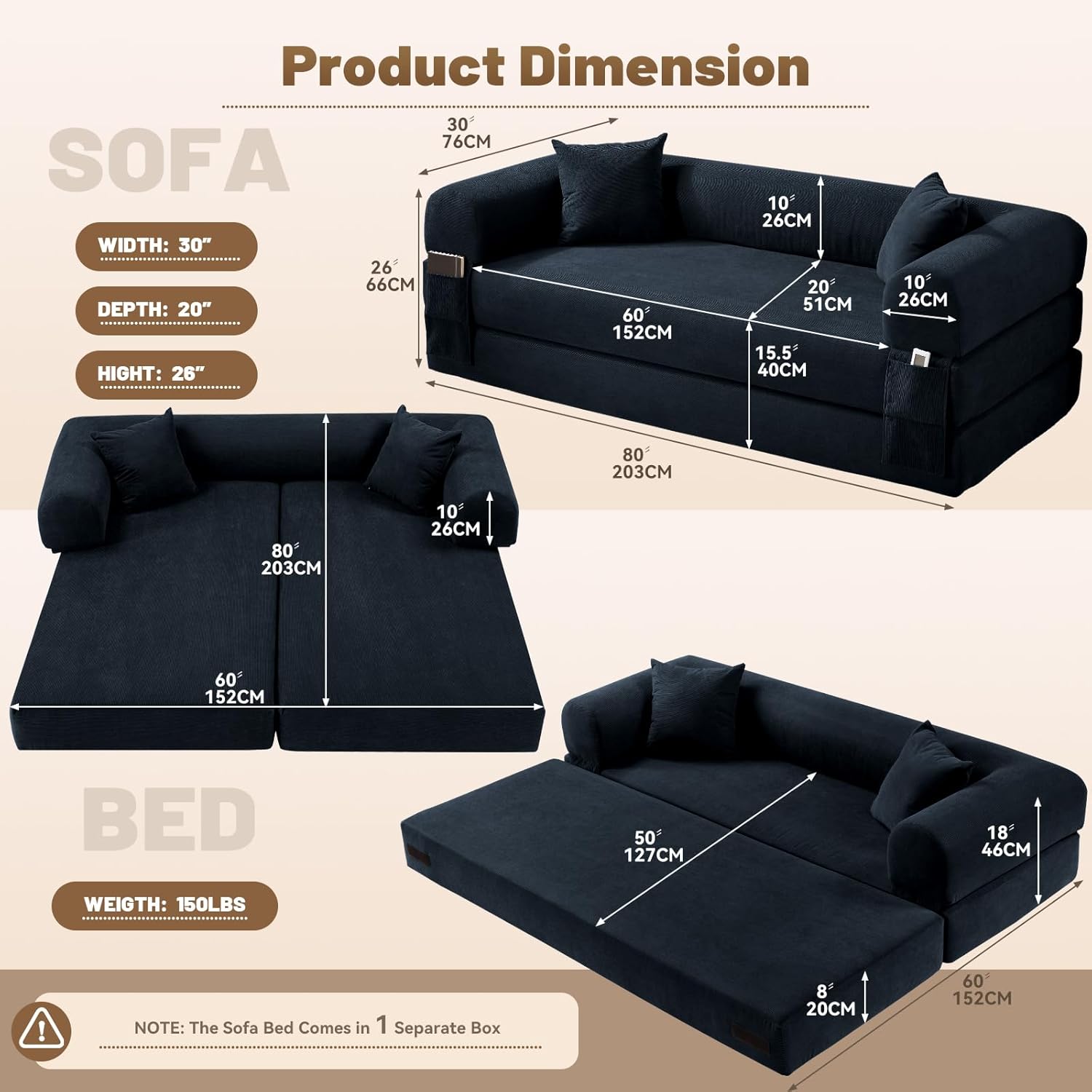80 Inch Convertible Sofa Bed,Folding Pull Out Couch with Pillows & Storage Pocket,Corduroy Queen Sleeper Sofa in a Box,No Assembly Boneless Couch for Living Room,Deep Blue