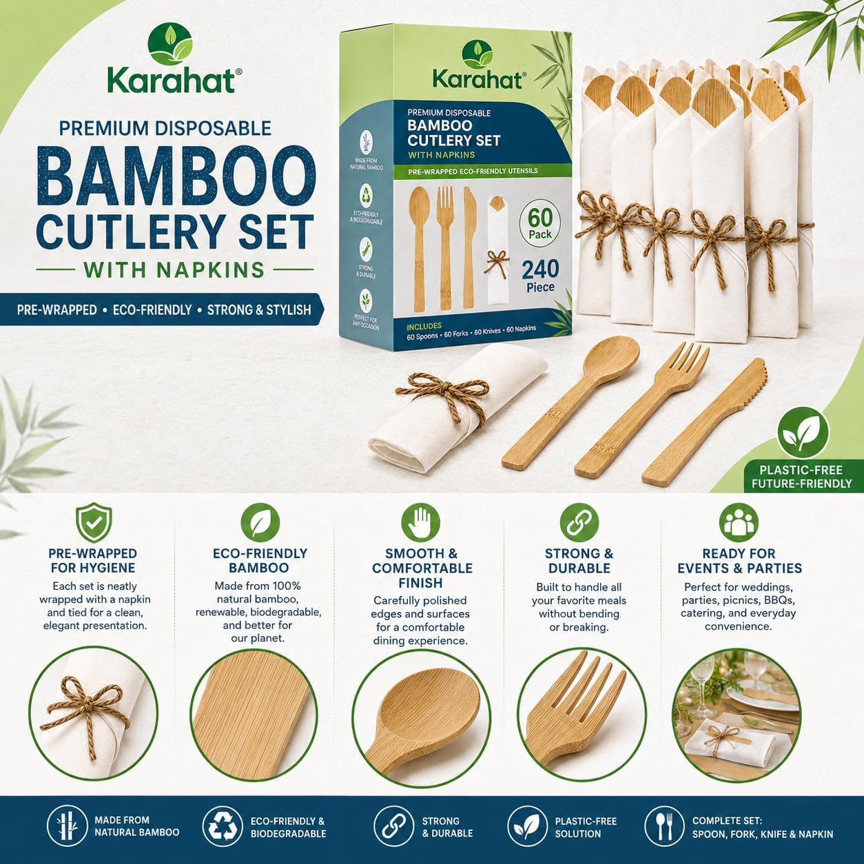 Premium Disposable Bamboo Cutlery Set with Napkins, 60 Pack Pre-Wrapped Eco-Friendly Utensils, 240 Piece Compostable Fork Spoon Knife Flatware Set for Catering Weddings Parties Restaurant Takeout image 4