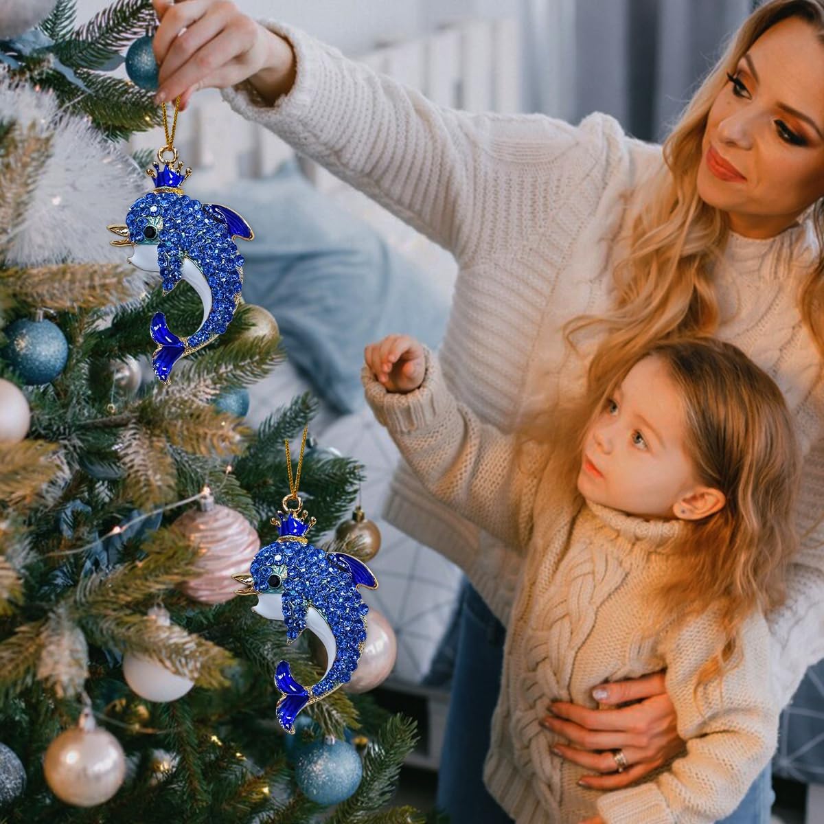 Dolphin Ornaments for Christmas Tree, Metallic Ornament with Blue Rhinestone, Dolphin Gifts for Women - Ocean Themed, Beautiful Cute Christmas Ornaments for Kids Girls - Image 3