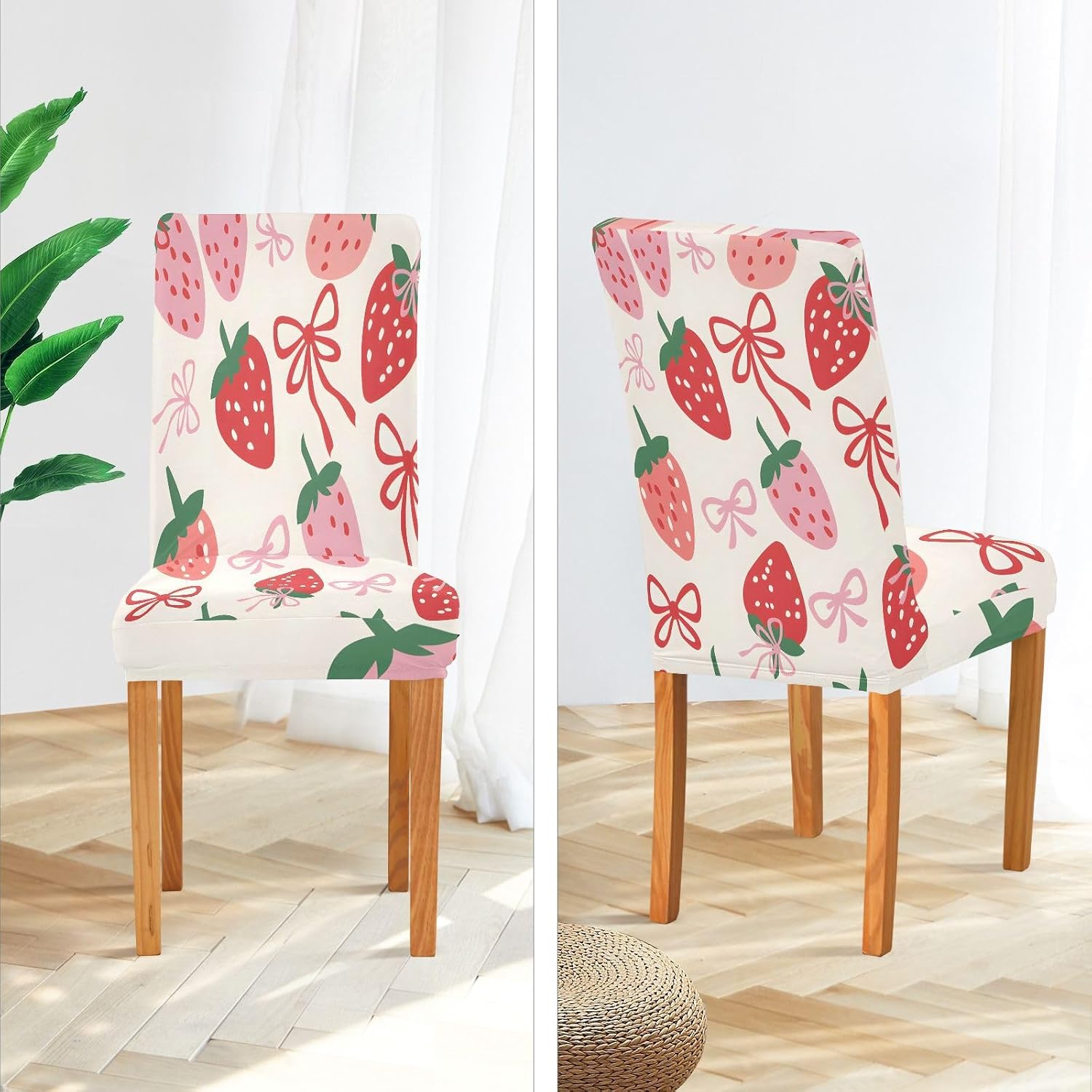 ALAZA Chair Covers for Dining Room, Strawberry Simple Lines Bow Pattern Stretch Chair Cover Sets Chair Protector Removable Washable for Ktichen Restaurant Hotel