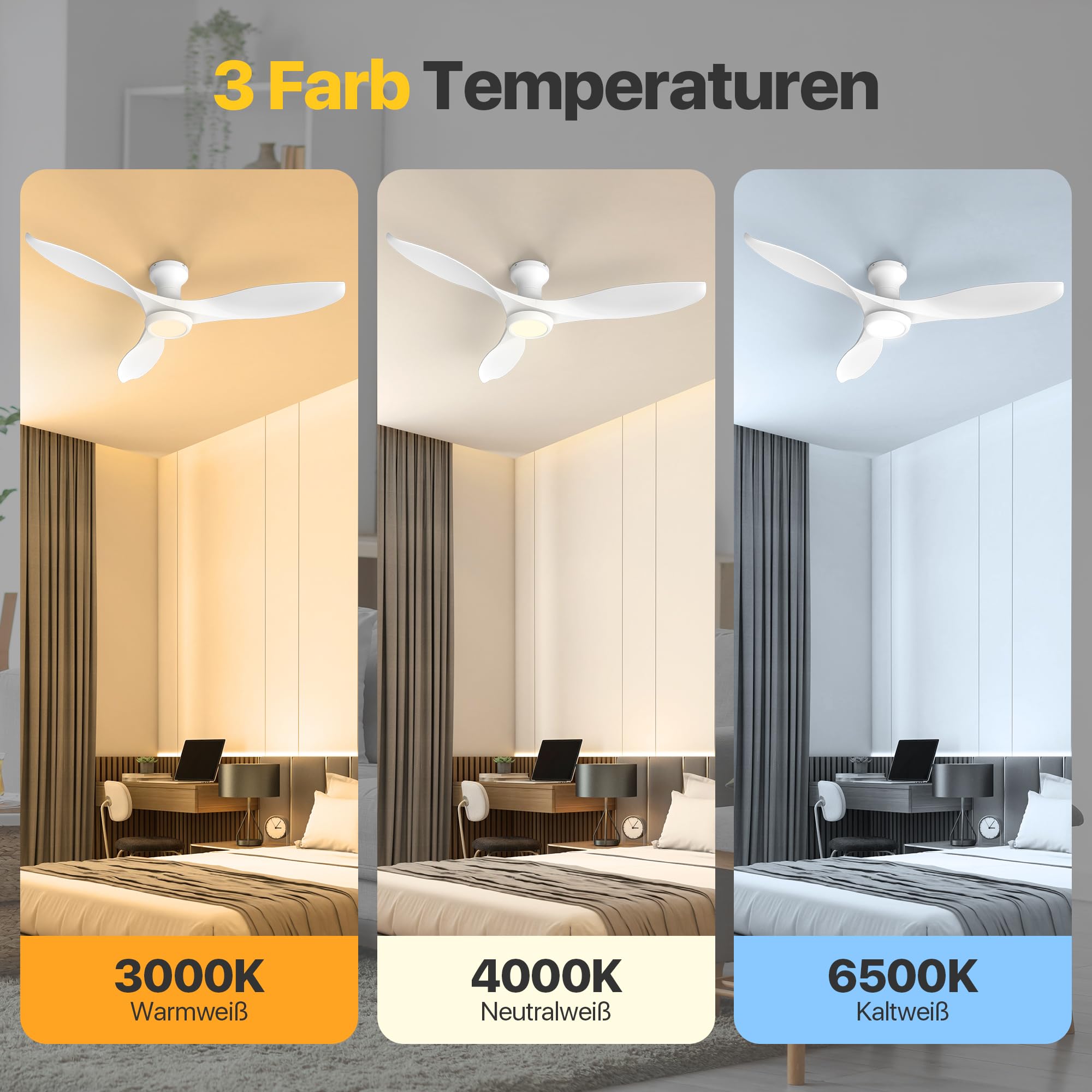 Ensenior Deckenventilator mit Beleuchtung 132cm, Leiser DC-Motor, 6 Geschwindigkeiten & 3 Lichtfarben, Deckenlampe mit Ventilator Fernbedienung für Schlafzimmer Wohnzimmer - Weiß